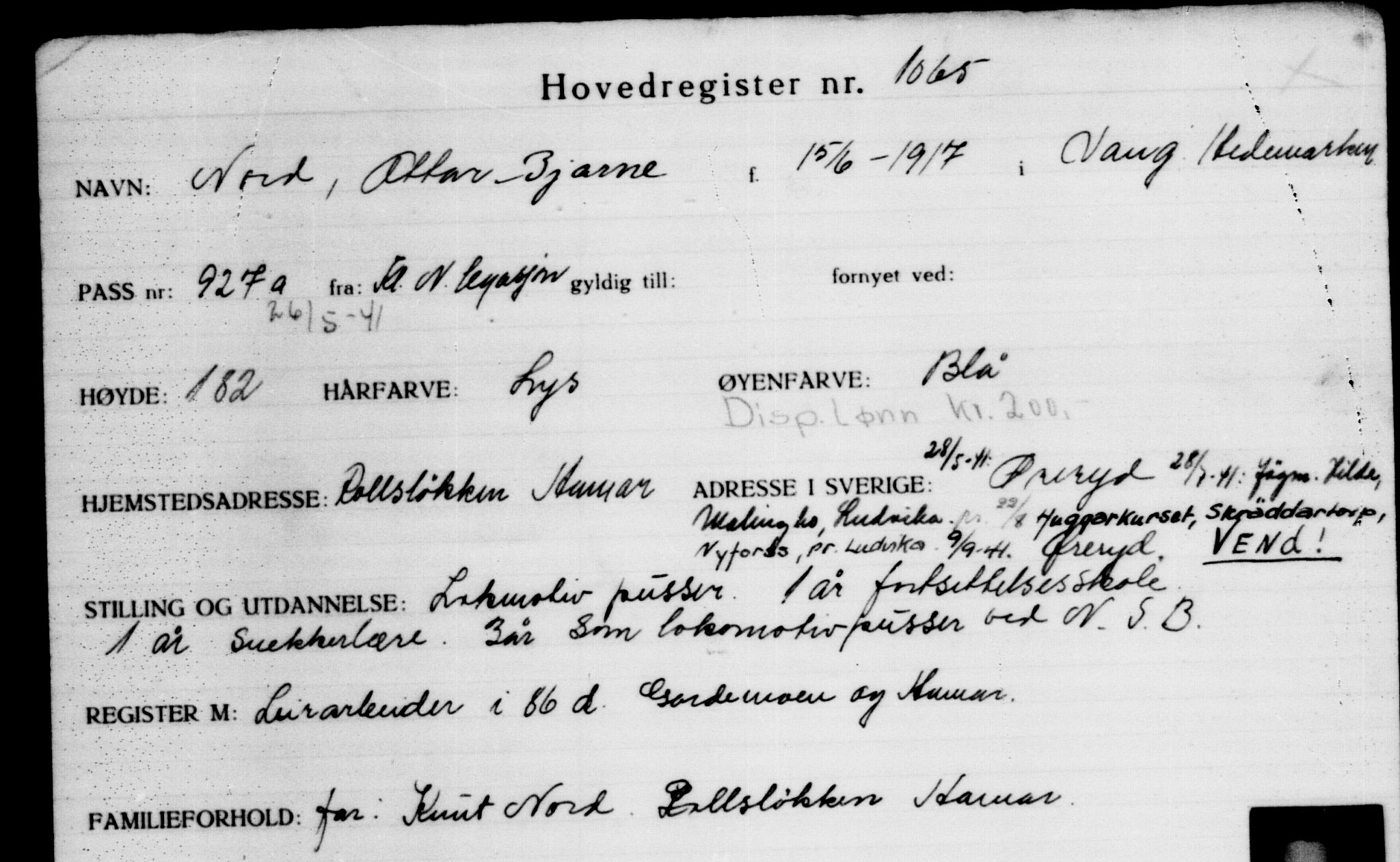 Utenriksstasjonene, Legasjonen i Stockholm, Flyktningkontoret, AV/RA-S-6753/V/Va/L0002: Kjesäterkartoteket, flyktninger med registreringsnr. 1001-2000, 1940-1945, p. 111