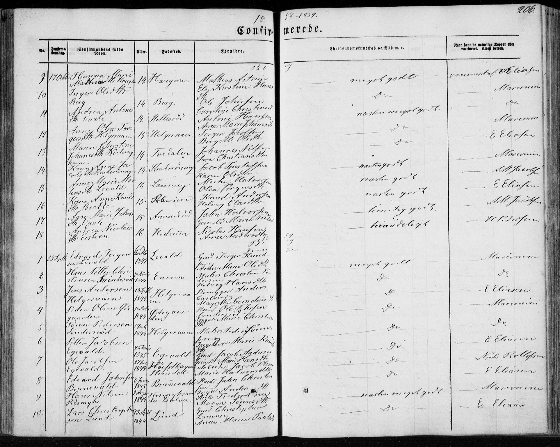 Brunlanes kirkebøker, AV/SAKO-A-342/F/Fa/L0004: Parish register (official) no. I 4, 1846-1862, p. 206