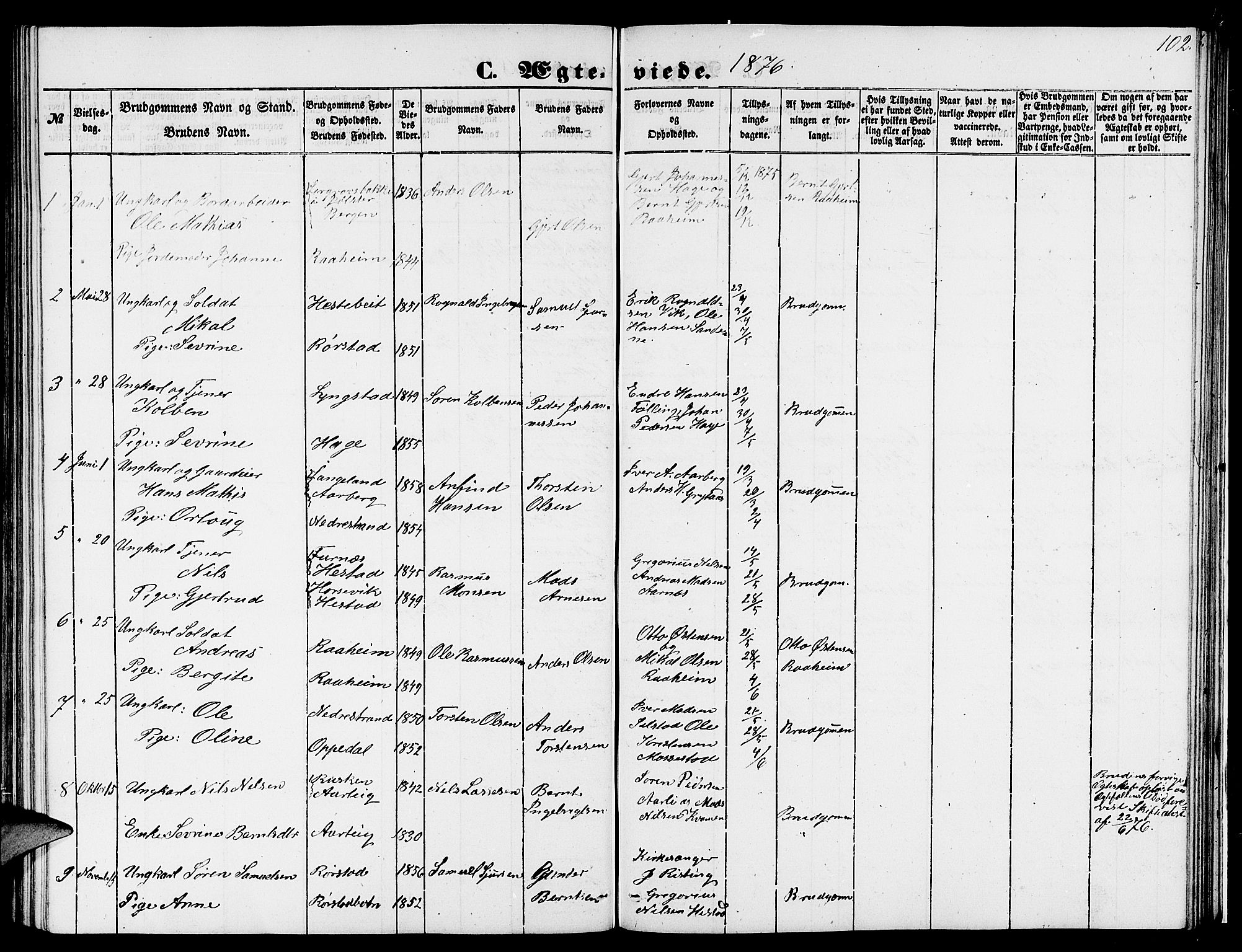 Gaular sokneprestembete, SAB/A-80001/H/Hab: Parish register (copy) no. C 1, 1853-1877, p. 102