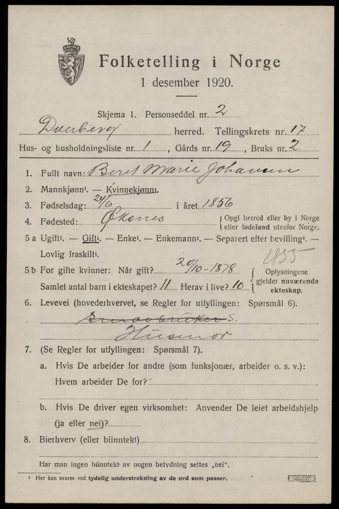 SAT, 1920 census for Dverberg, 1920, p. 11964