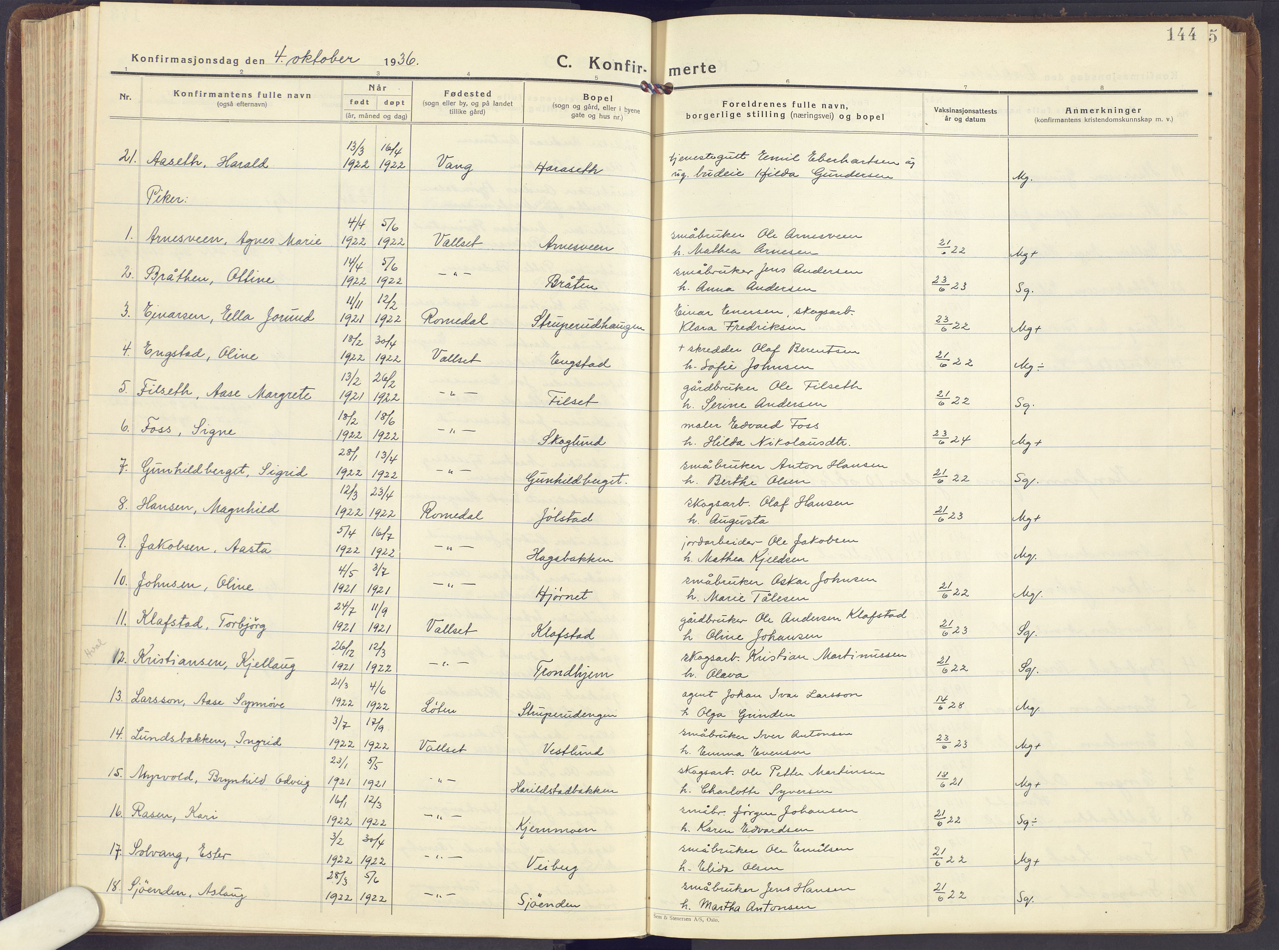 Romedal prestekontor, SAH/PREST-004/K/L0013: Parish register (official) no. 13, 1930-1949, p. 144