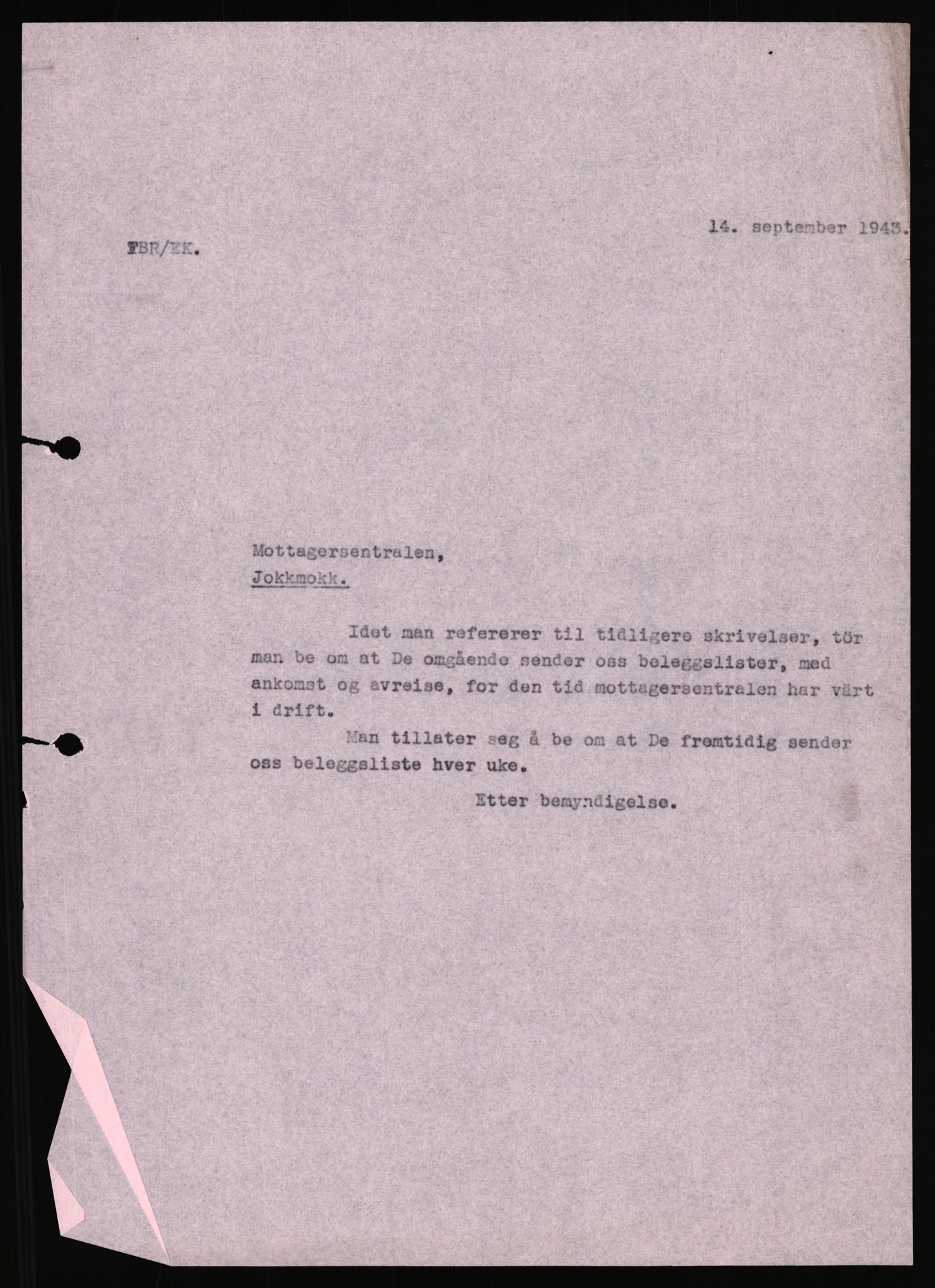 Den Kgl. Norske Legasjons Flyktningskontor, RA/S-6753/D/D17/L2565/0001: Forlegningsavdelingen / Lappemottagersentralen, 1943