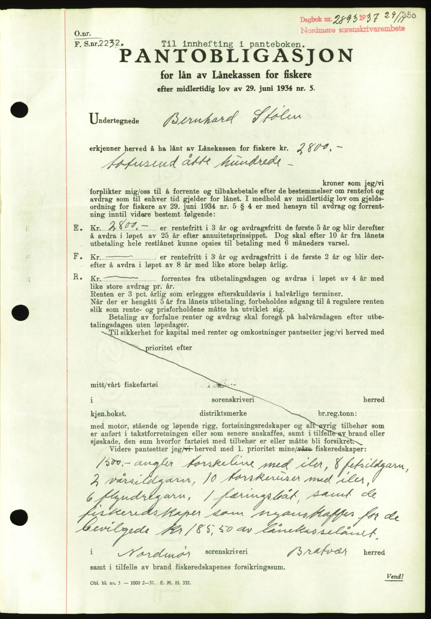 Nordmøre sorenskriveri, AV/SAT-A-4132/1/2/2Ca/L0092: Mortgage book no. B82, 1937-1938, Diary no: : 2893/1937