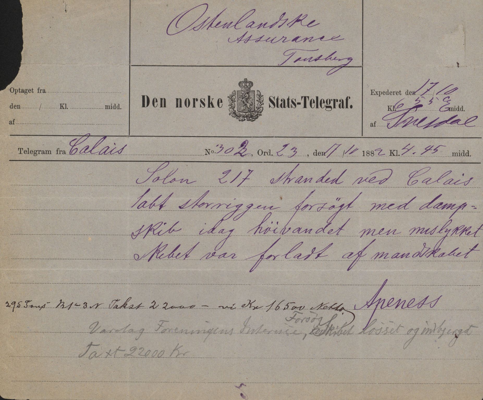 Pa 63 - Østlandske skibsassuranceforening, VEMU/A-1079/G/Ga/L0014/0011: Havaridokumenter / Agra, Anna, Jorsalfarer, Alfen, Uller, Solon, 1882, p. 152