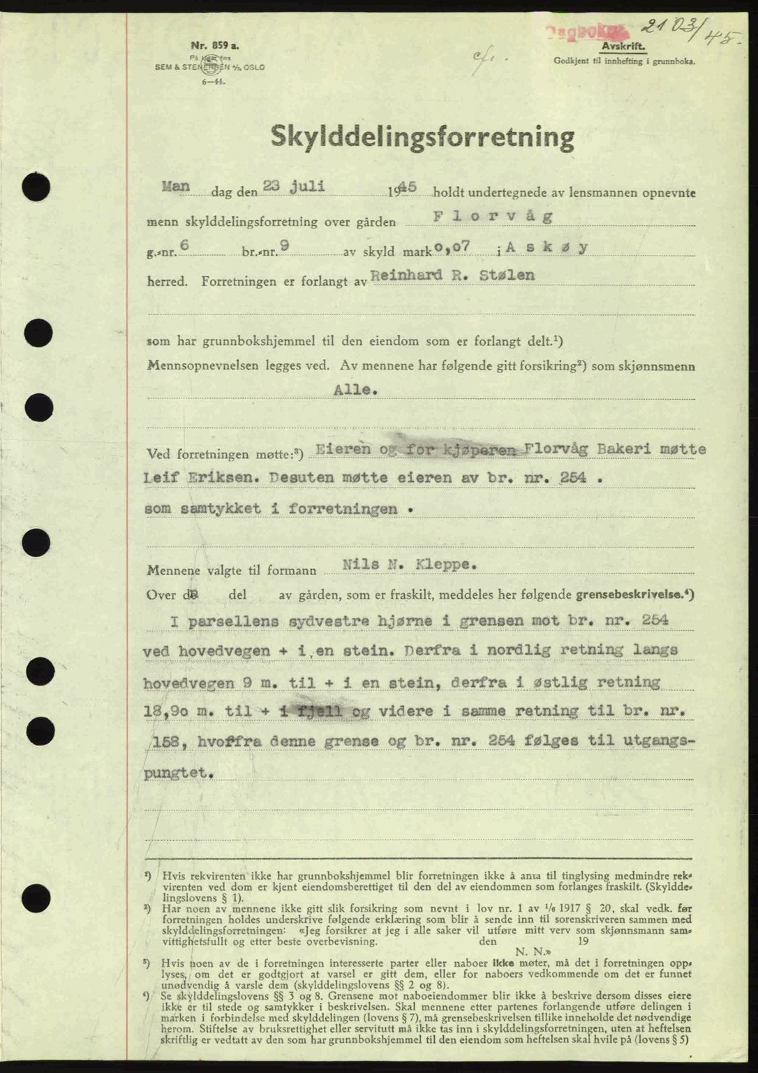 Midhordland sorenskriveri, AV/SAB-A-3001/1/G/Gb/Gbh/L0019: Mortgage book no. A38-39, 1945-1945, Diary no: : 2103/1945