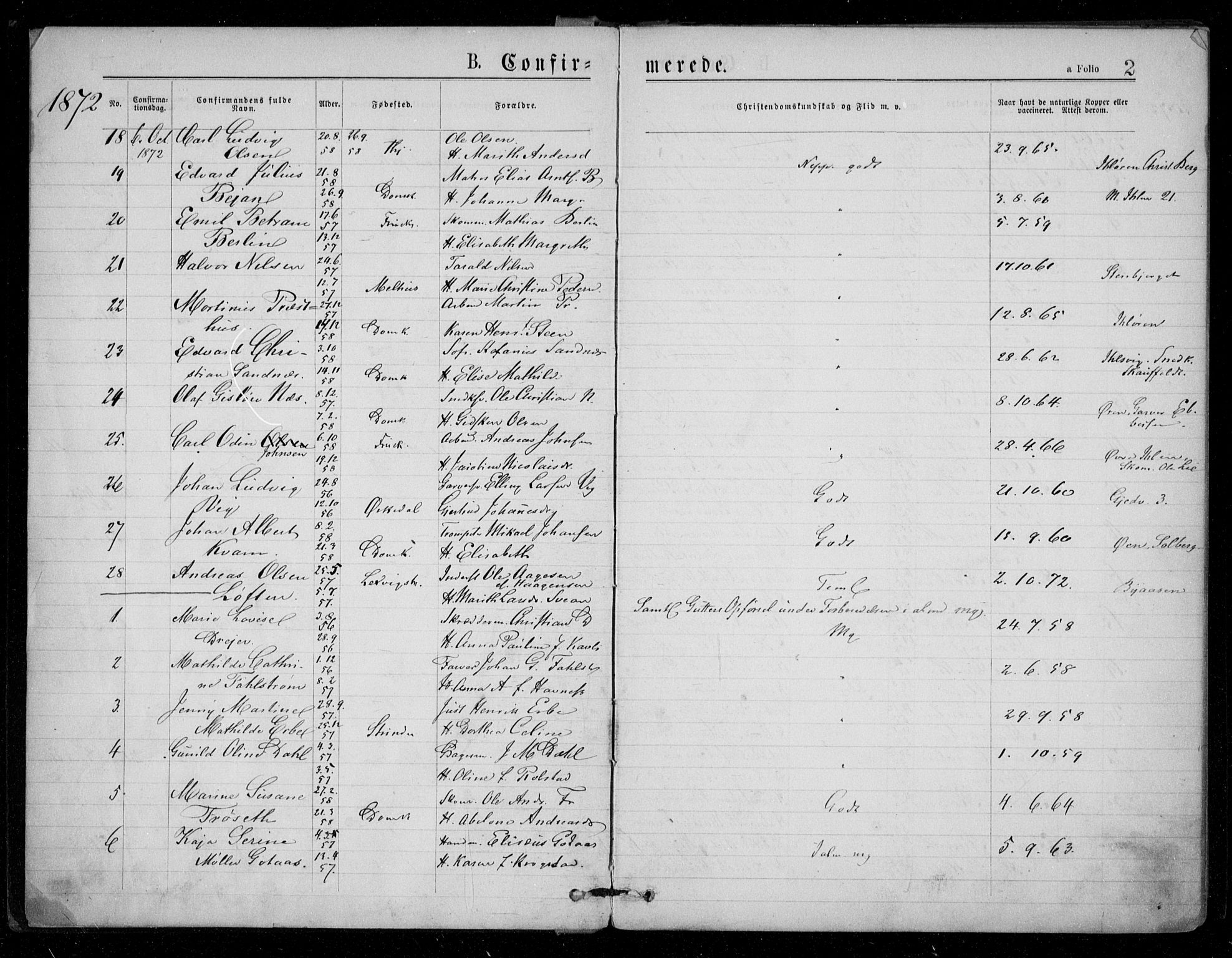 Ministerialprotokoller, klokkerbøker og fødselsregistre - Sør-Trøndelag, SAT/A-1456/602/L0121: Parish register (official) no. 602A19, 1872-1879, p. 2