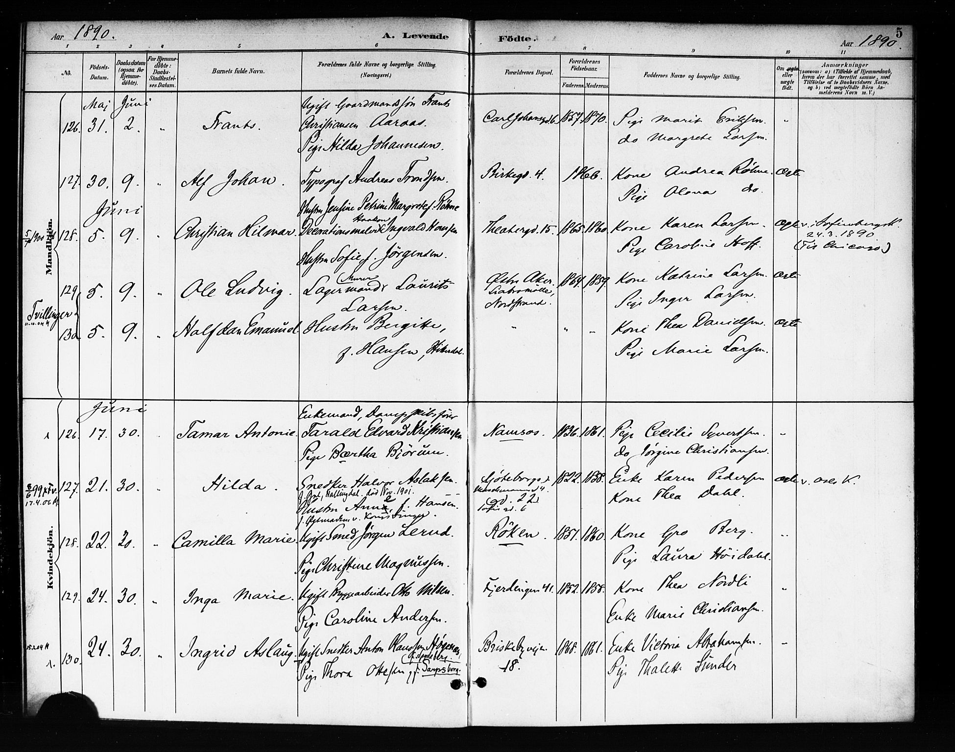 Rikshospitalet prestekontor Kirkebøker, AV/SAO-A-10309b/F/L0008: Parish register (official) no. 8, 1890-1893, p. 5