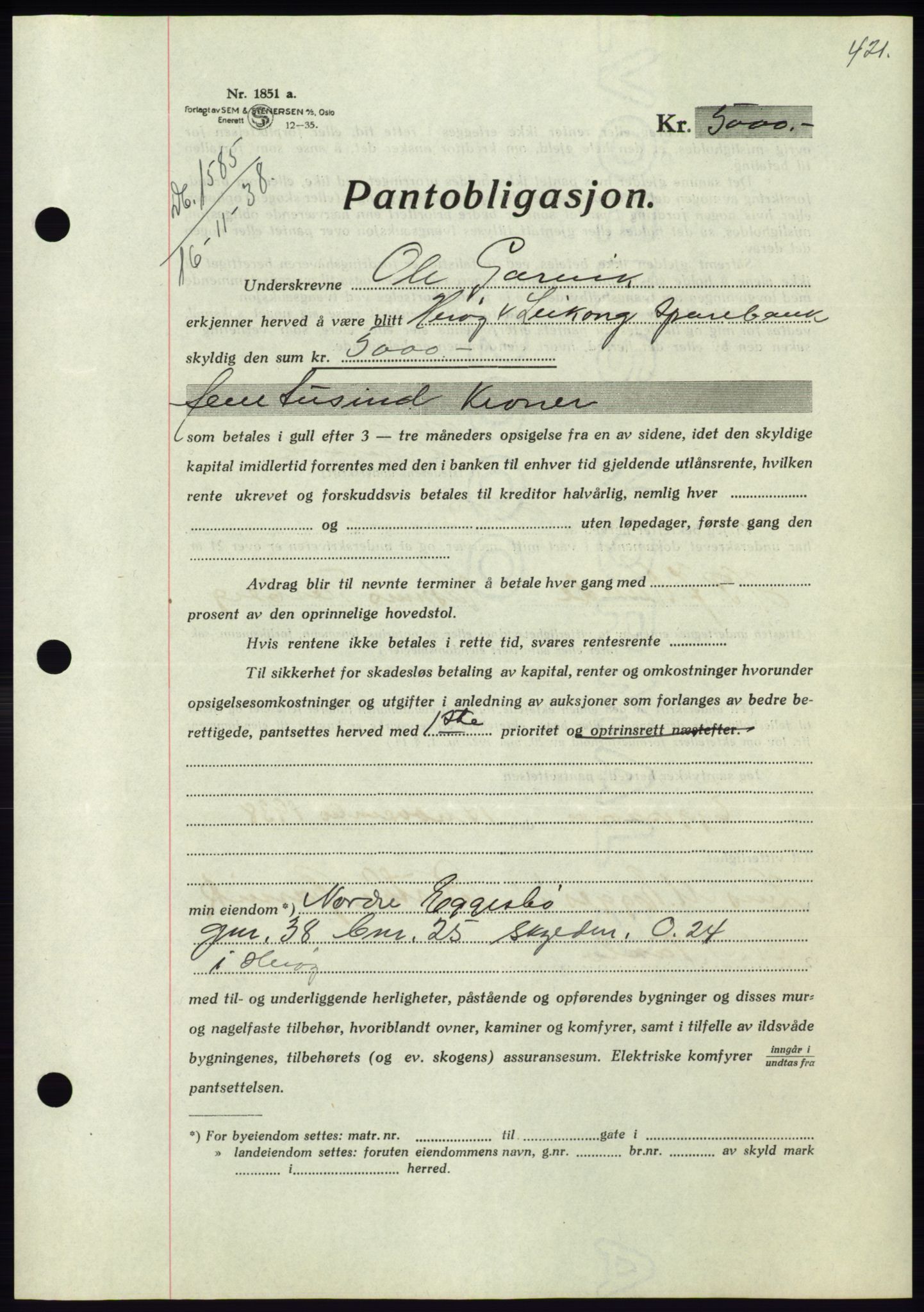 Søre Sunnmøre sorenskriveri, AV/SAT-A-4122/1/2/2C/L0066: Mortgage book no. 60, 1938-1938, Diary no: : 1585/1938