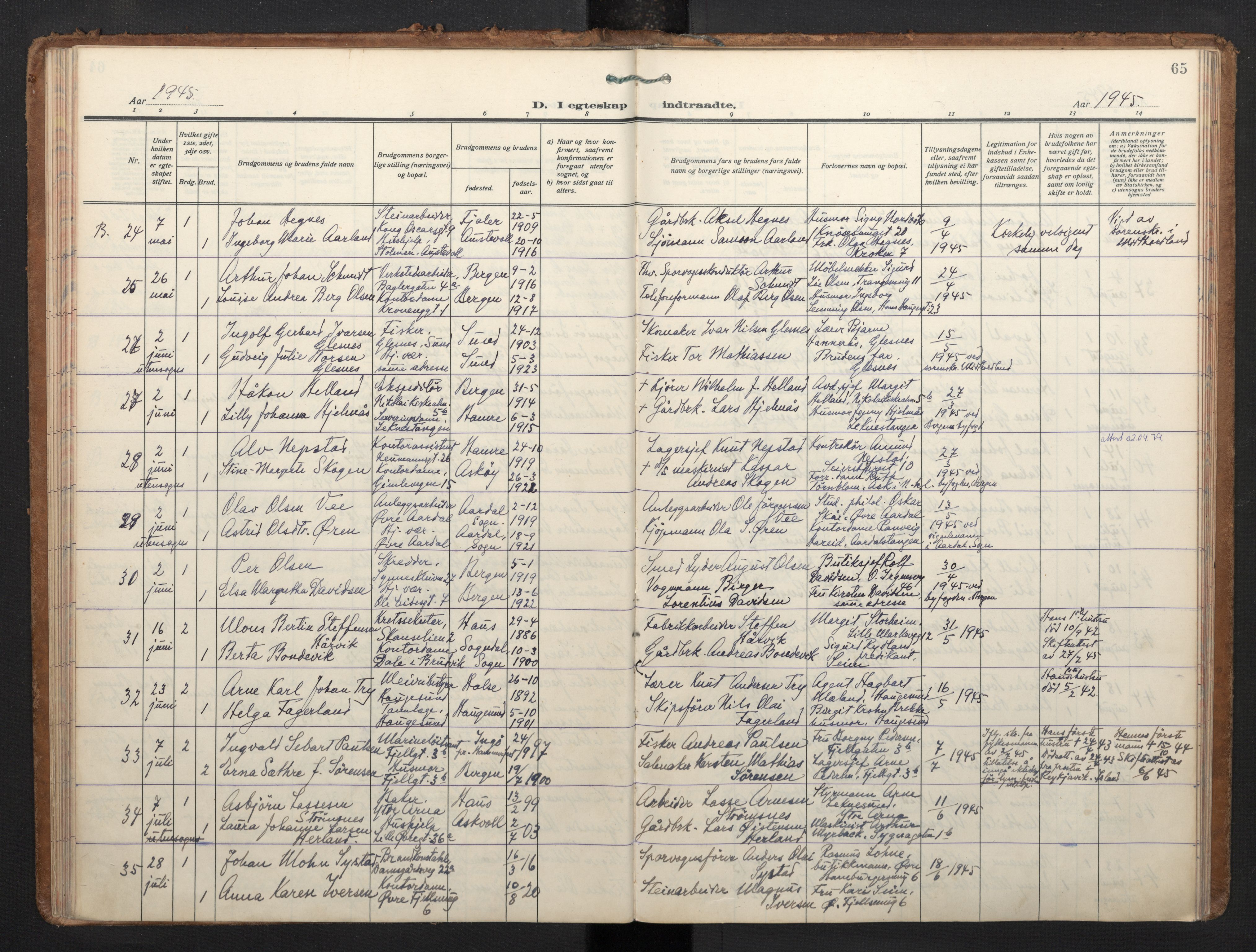 Korskirken sokneprestembete, AV/SAB-A-76101/H/Haa/L0040: Parish register (official) no. D 7, 1938-1952, p. 64b-65a