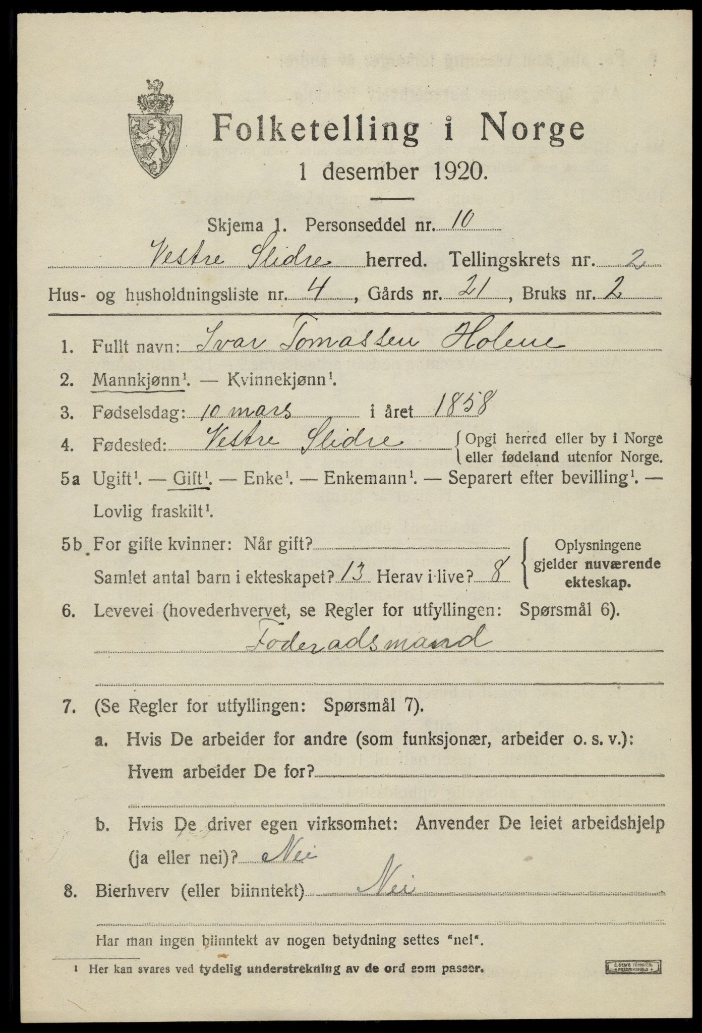 SAH, 1920 census for Vestre Slidre, 1920, p. 1616