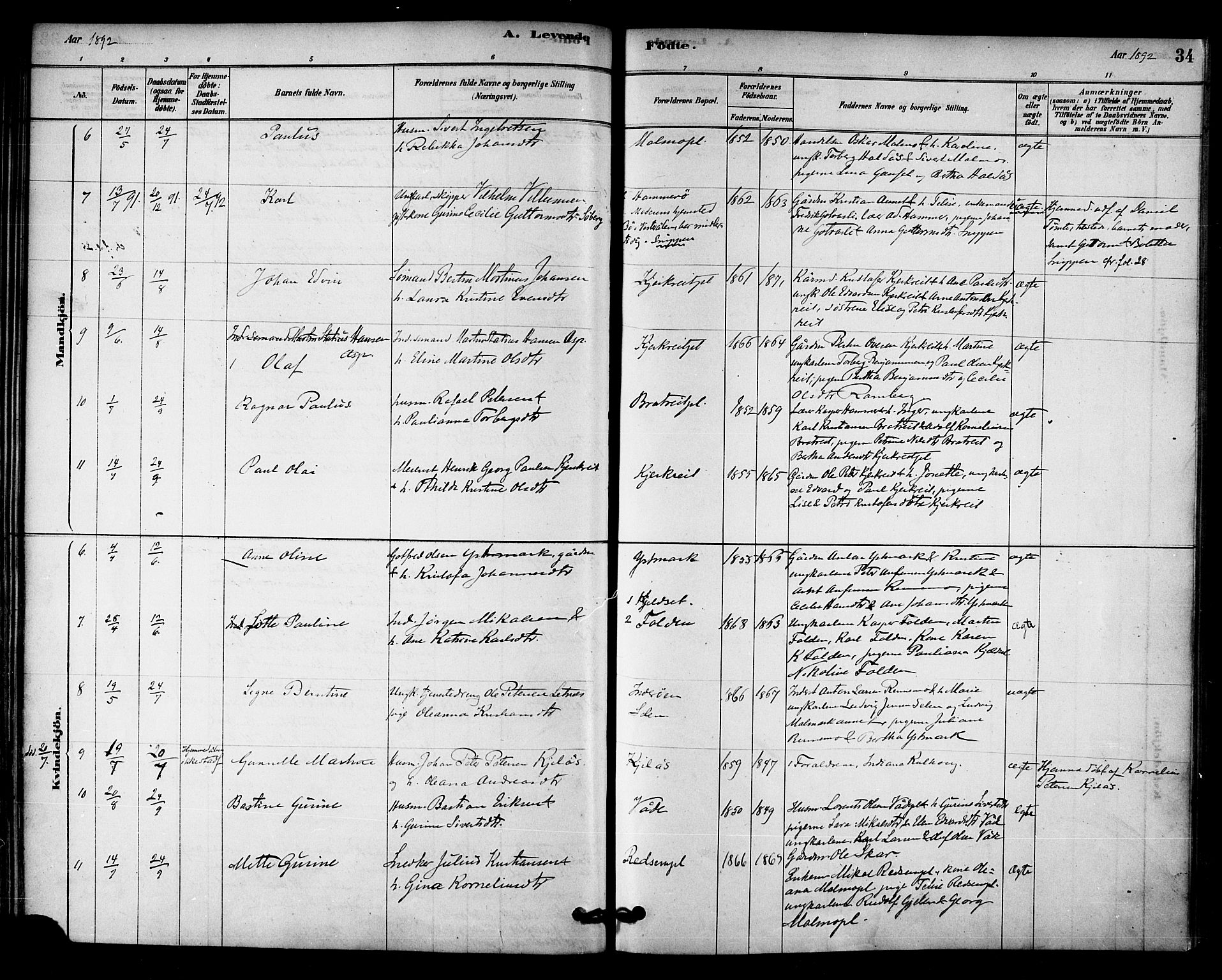 Ministerialprotokoller, klokkerbøker og fødselsregistre - Nord-Trøndelag, AV/SAT-A-1458/745/L0429: Parish register (official) no. 745A01, 1878-1894, p. 34