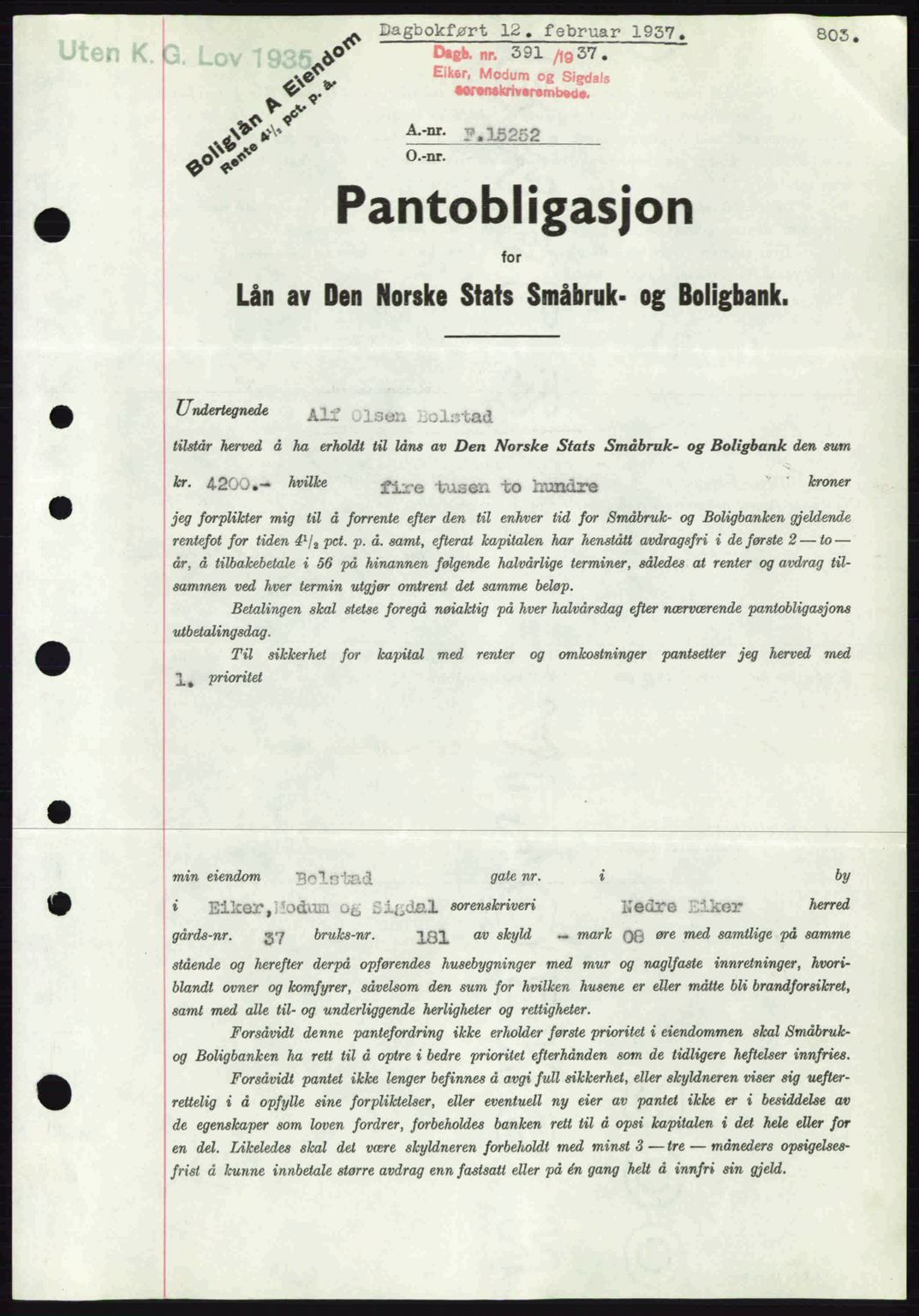 Eiker, Modum og Sigdal sorenskriveri, SAKO/A-123/G/Ga/Gab/L0034: Mortgage book no. A4, 1936-1937, Diary no: : 391/1937