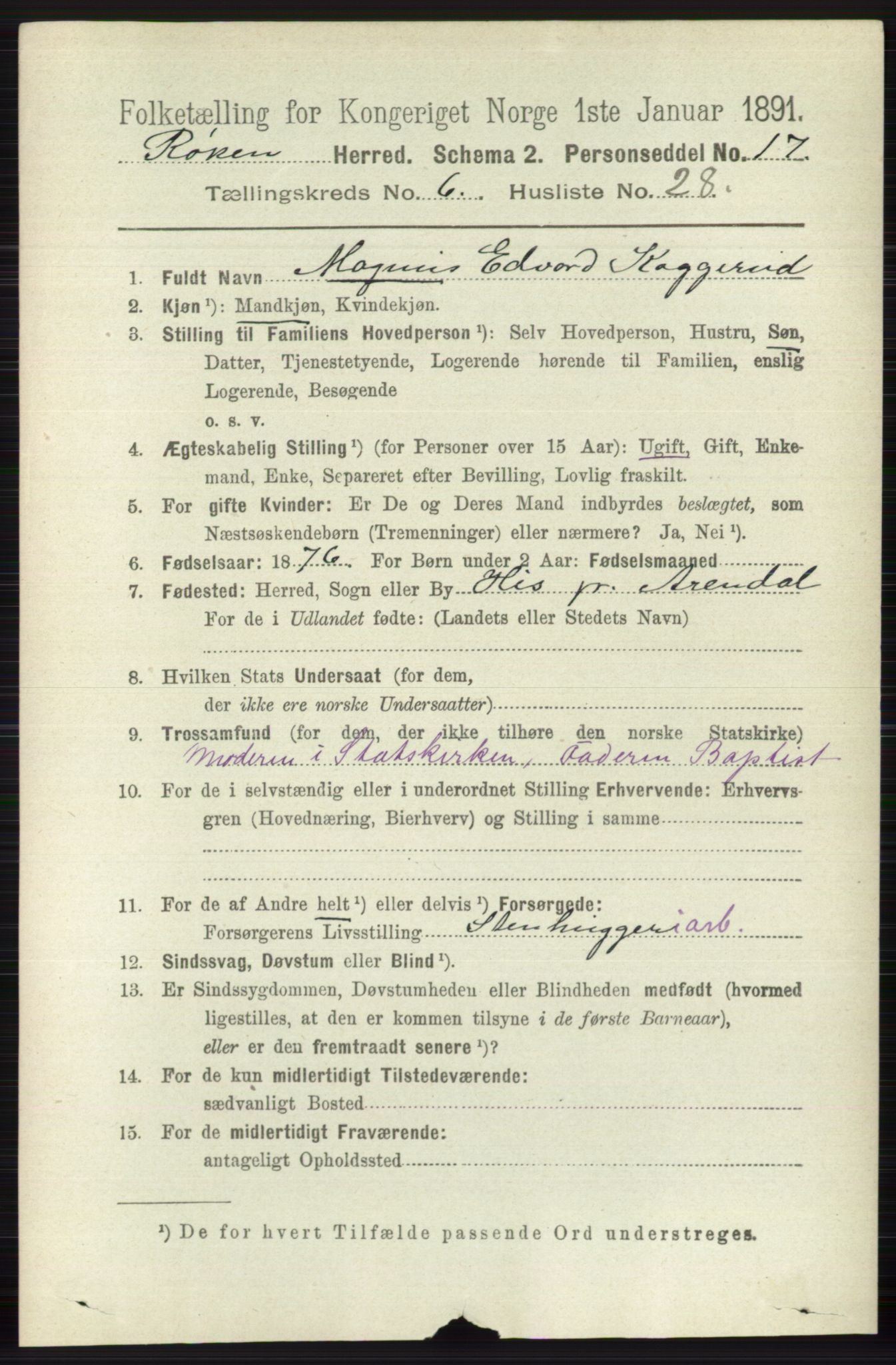 RA, 1891 census for 0627 Røyken, 1891, p. 3793
