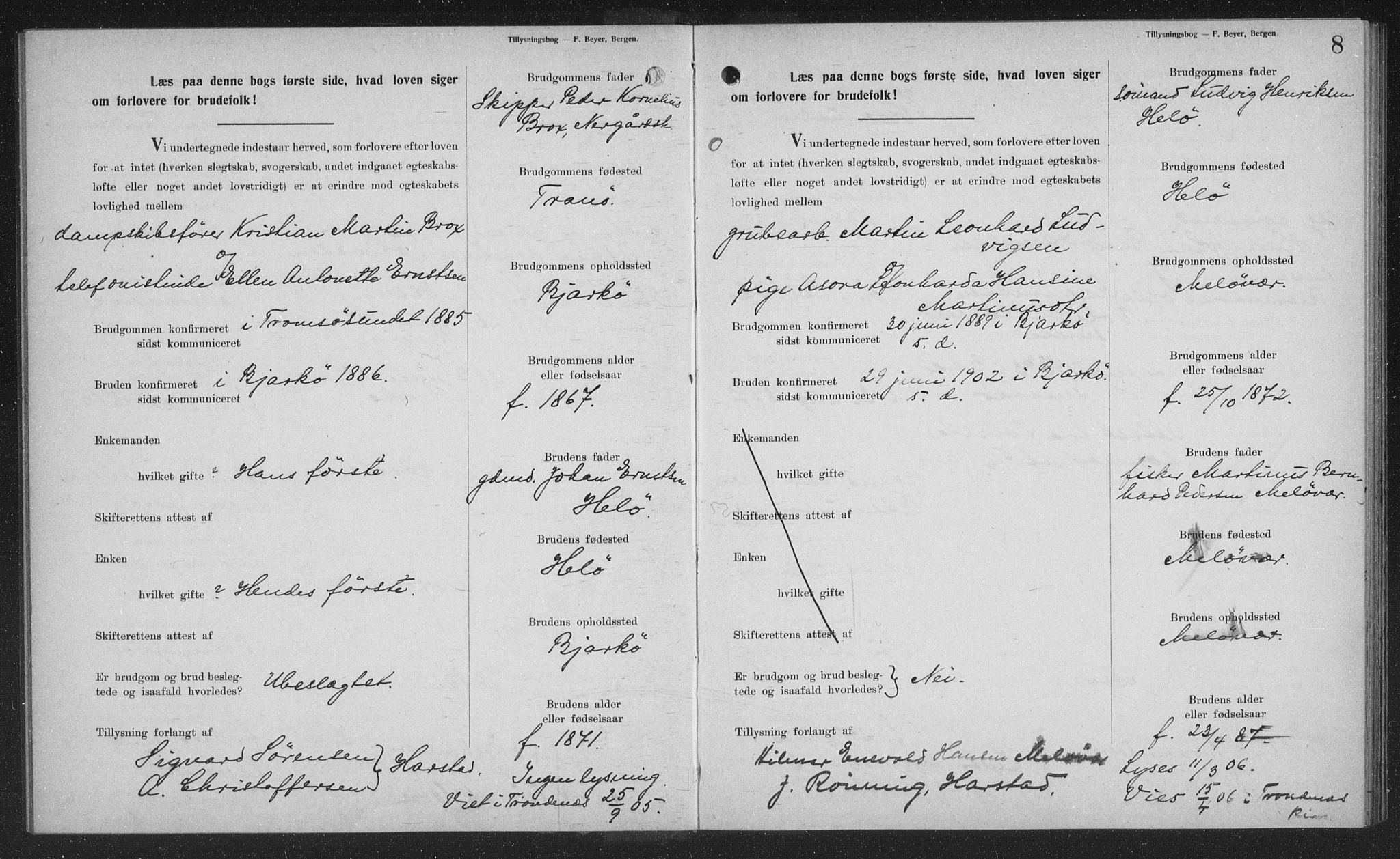 Sand/Bjarkøy sokneprestkontor, SATØ/S-0811/J/Jb/L0024: Banns register no. 24, 1905-1917, p. 8