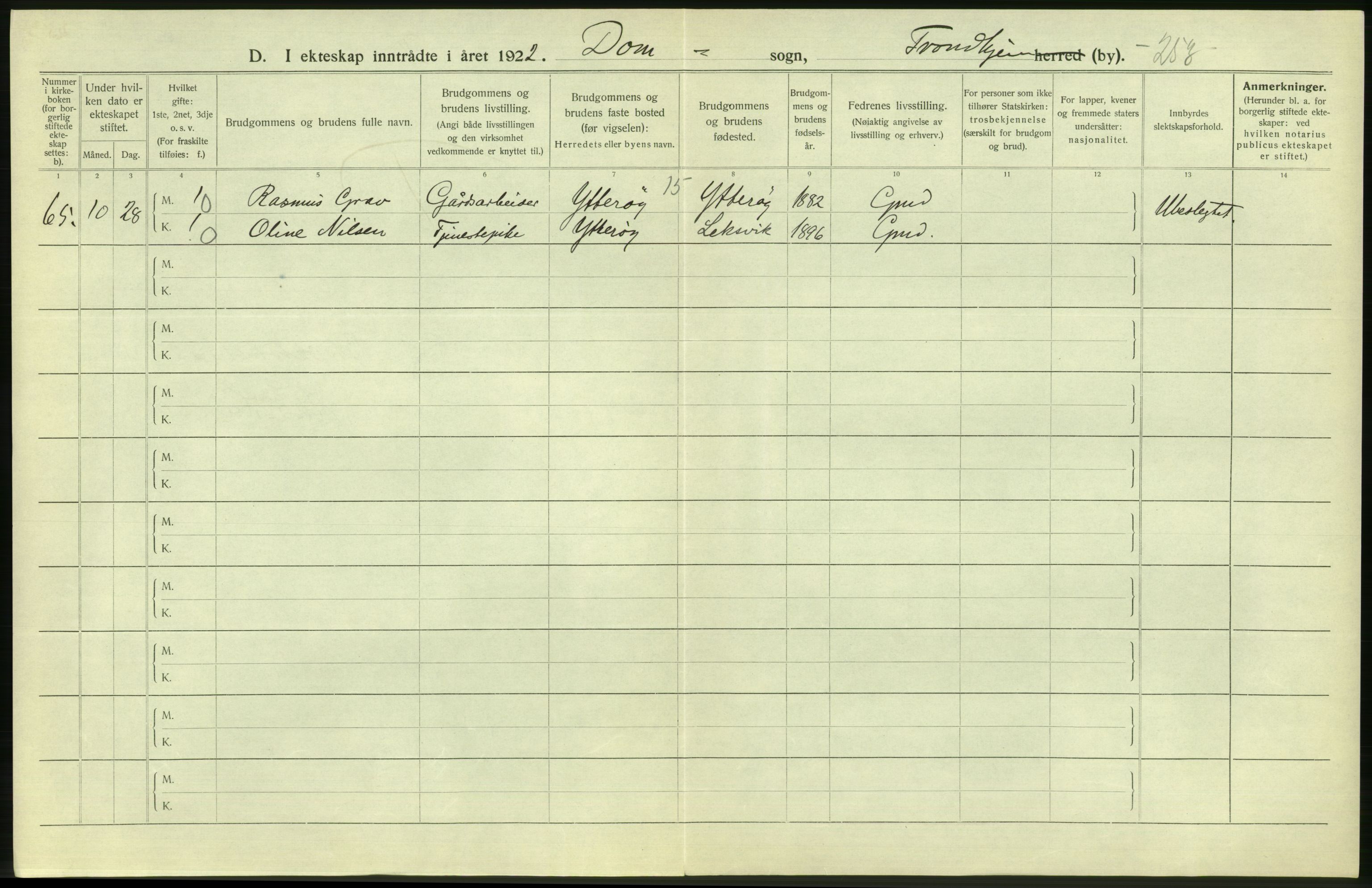 Statistisk sentralbyrå, Sosiodemografiske emner, Befolkning, AV/RA-S-2228/D/Df/Dfc/Dfcb/L0040: Trondheim: Gifte, døde, dødfødte., 1922, p. 72