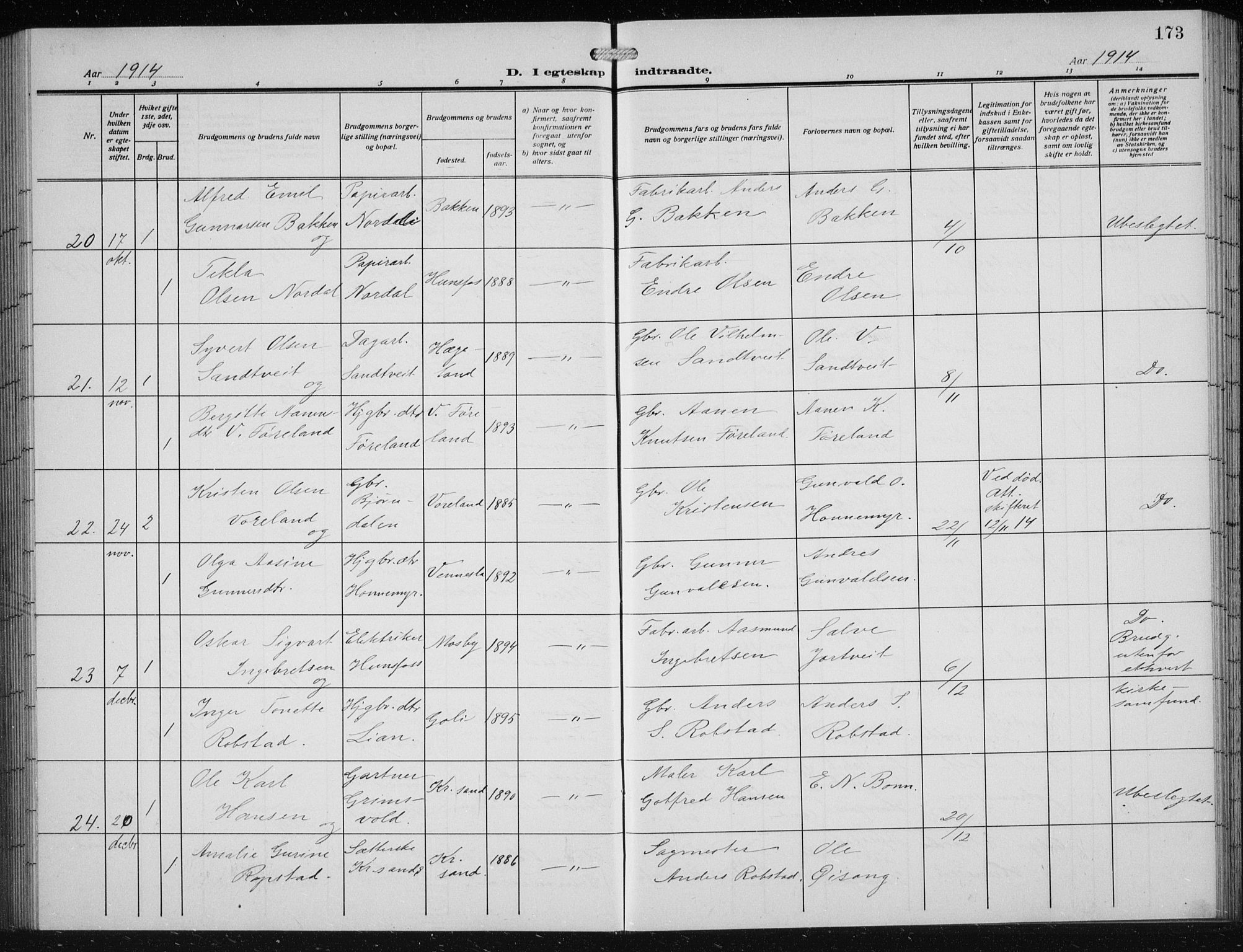 Vennesla sokneprestkontor, AV/SAK-1111-0045/Fb/Fbb/L0006: Parish register (copy) no. B 6, 1914-1921, p. 173