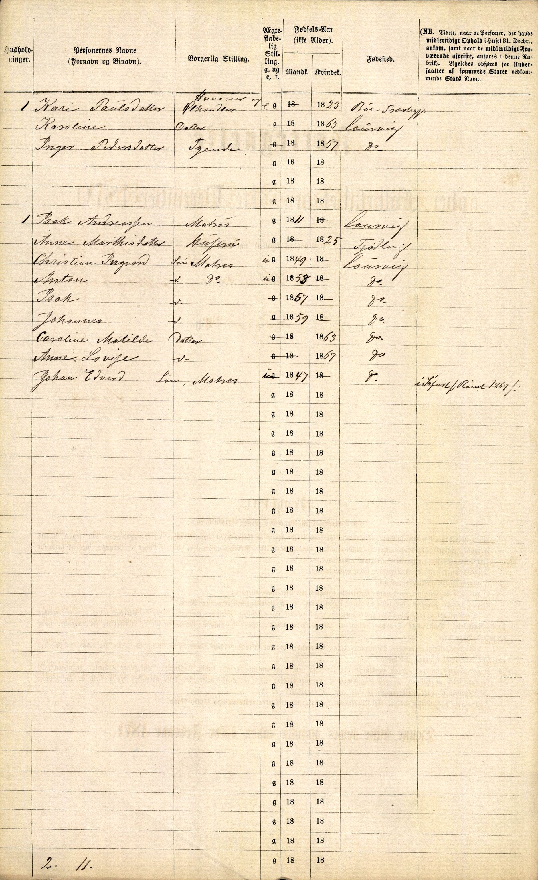 RA, 1870 census for 0707 Larvik, 1870, p. 822