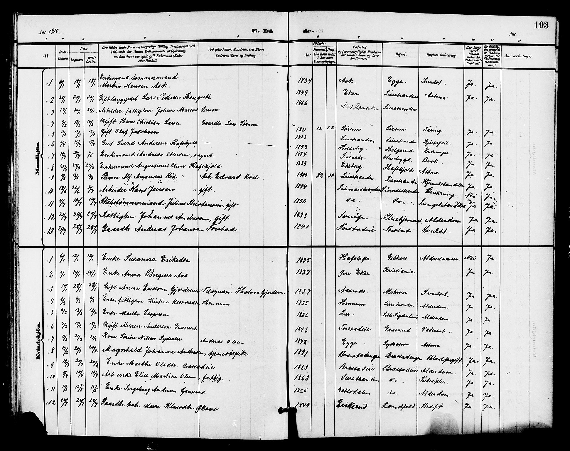 Lier kirkebøker, AV/SAKO-A-230/G/Gb/L0002: Parish register (copy) no. II 2, 1899-1911, p. 193