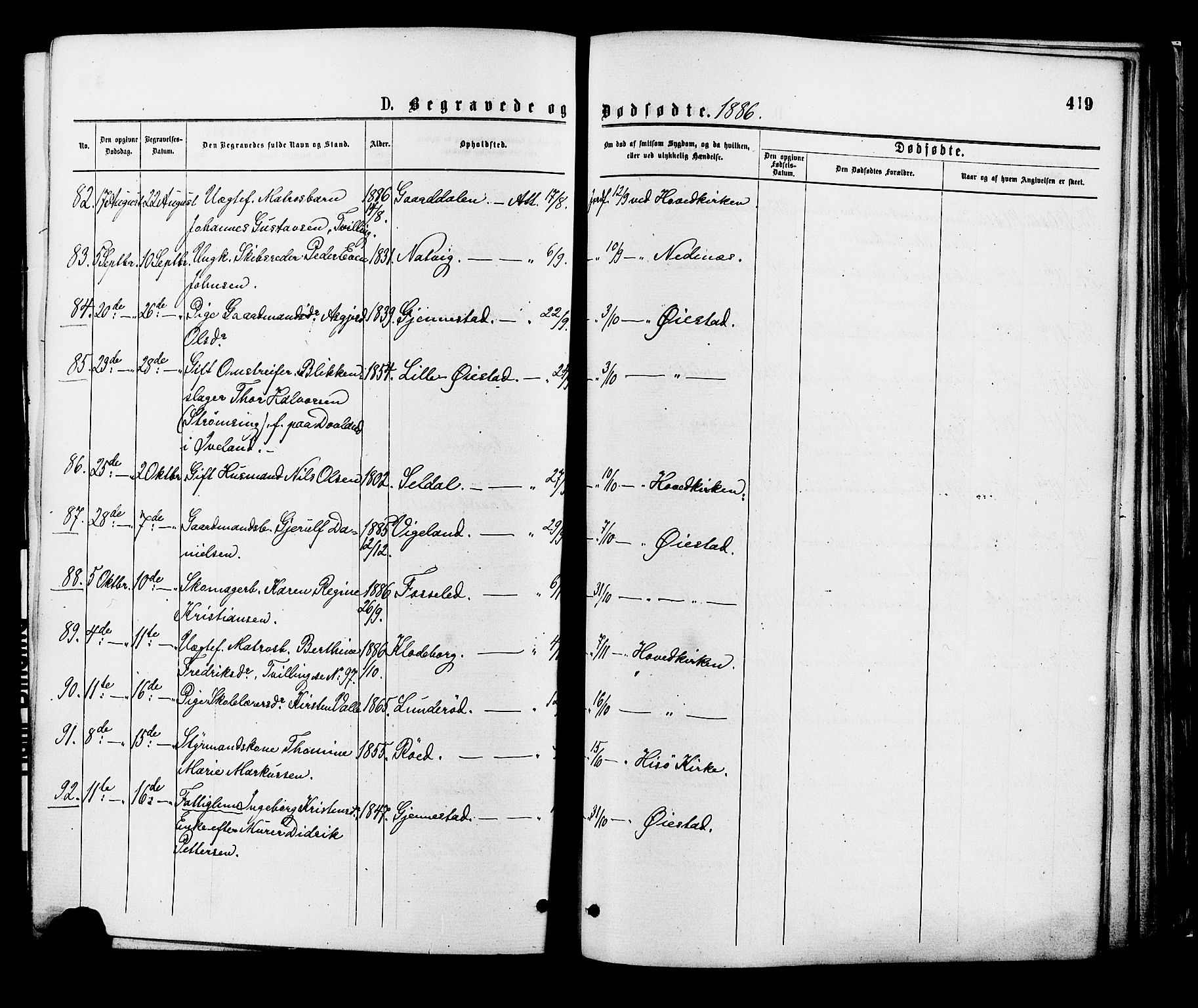 Øyestad sokneprestkontor, AV/SAK-1111-0049/F/Fa/L0016: Parish register (official) no. A 16, 1874-1886, p. 419