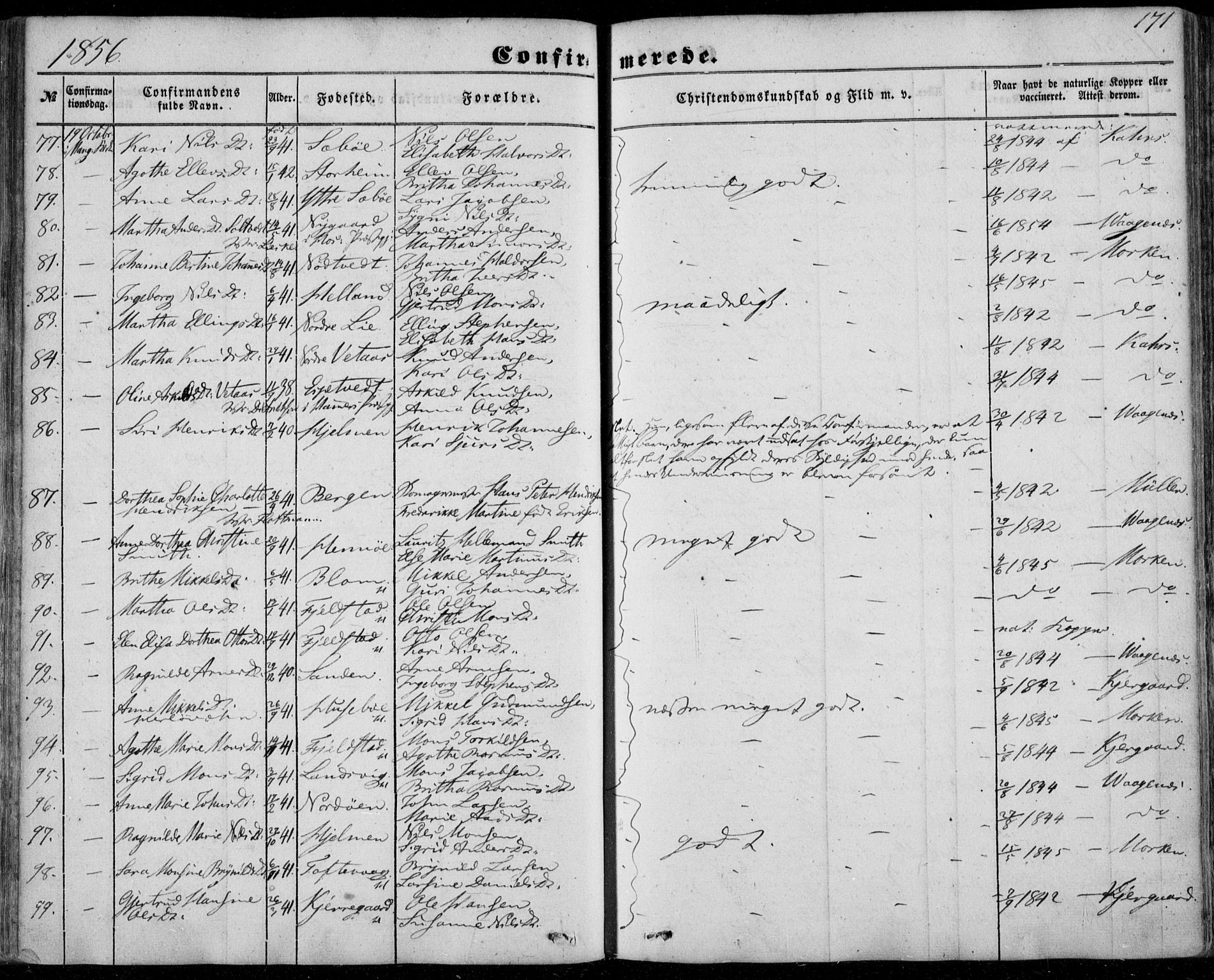 Manger sokneprestembete, AV/SAB-A-76801/H/Haa: Parish register (official) no. A 6, 1849-1859, p. 171