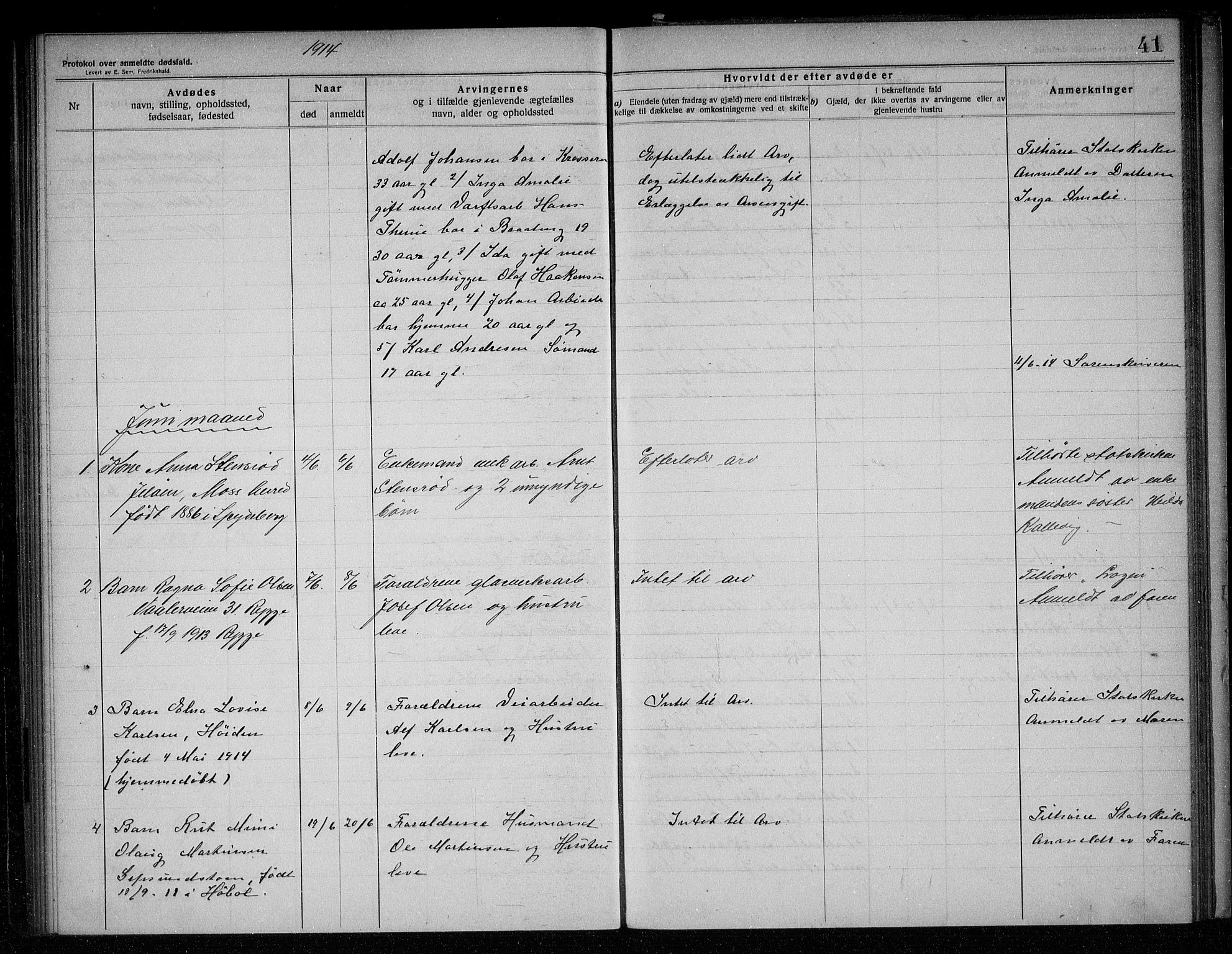 Rygge lensmannskontor, AV/SAO-A-10005/H/Ha/Haa/L0005: Dødsfallsprotokoll, 1912-1916, p. 41