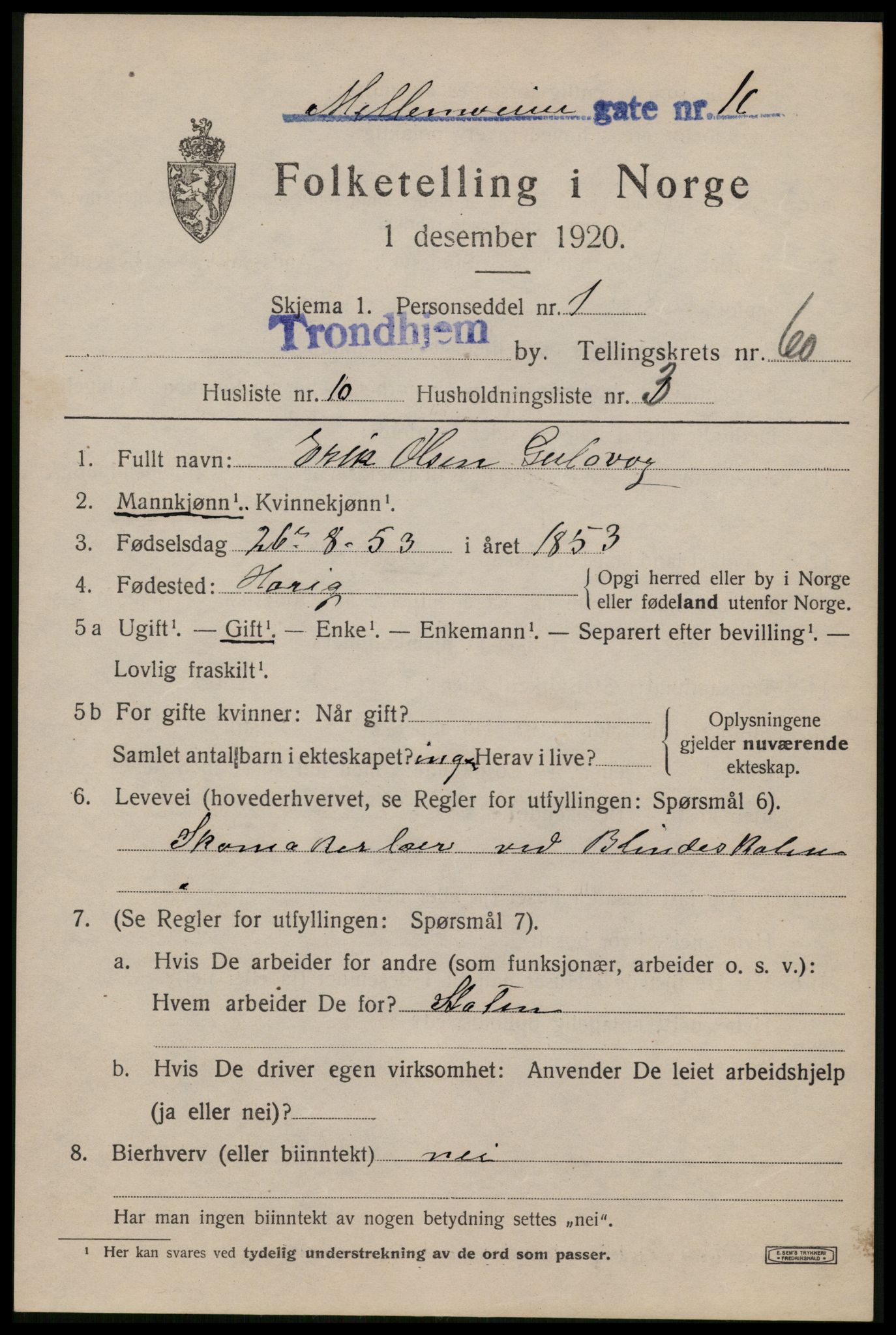 SAT, 1920 census for Trondheim, 1920, p. 121850