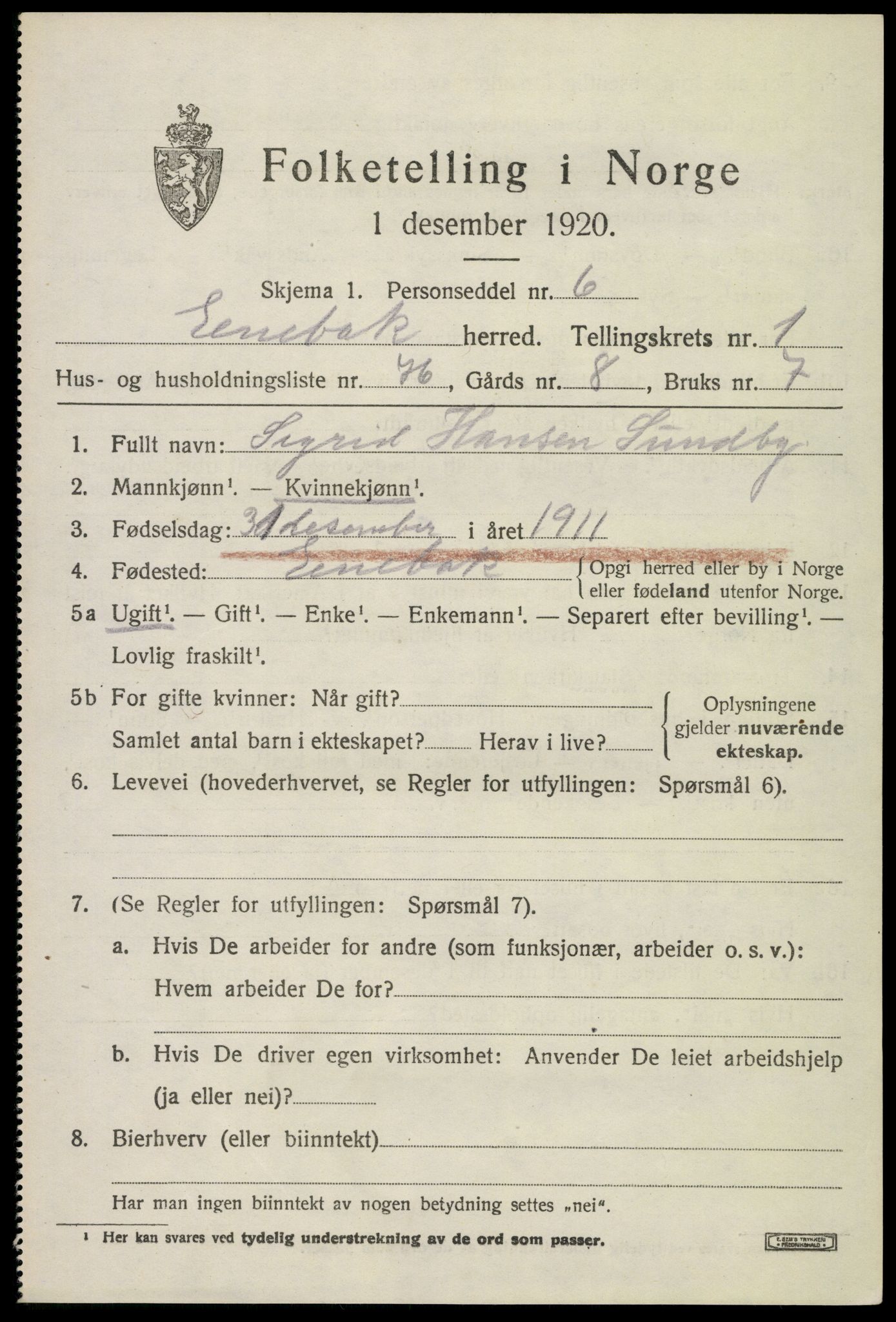 SAO, 1920 census for Enebakk, 1920, p. 2023