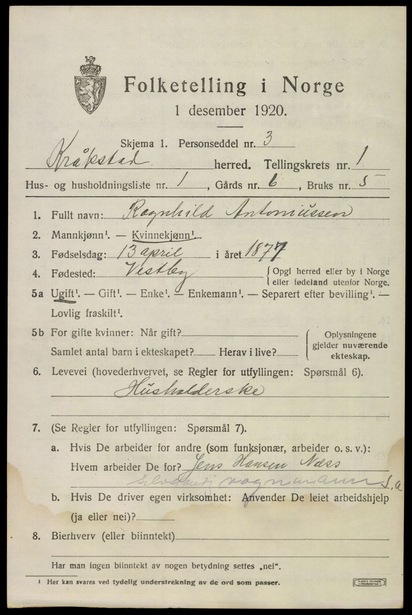 SAO, 1920 census for Kråkstad, 1920, p. 1605