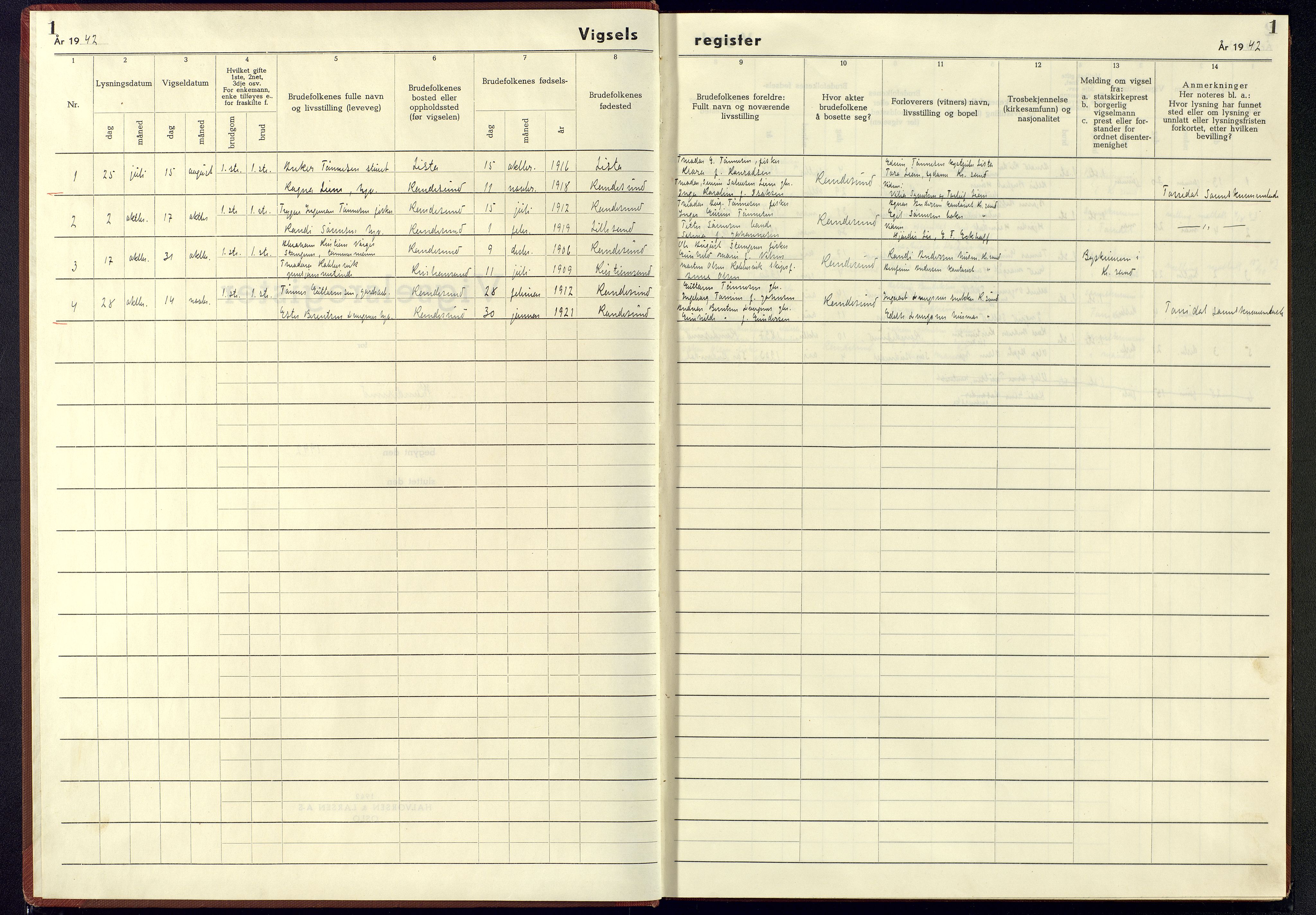 Oddernes sokneprestkontor, SAK/1111-0033/J/Jb/L0006: Marriage register no. 6, 1942-1945, p. 1