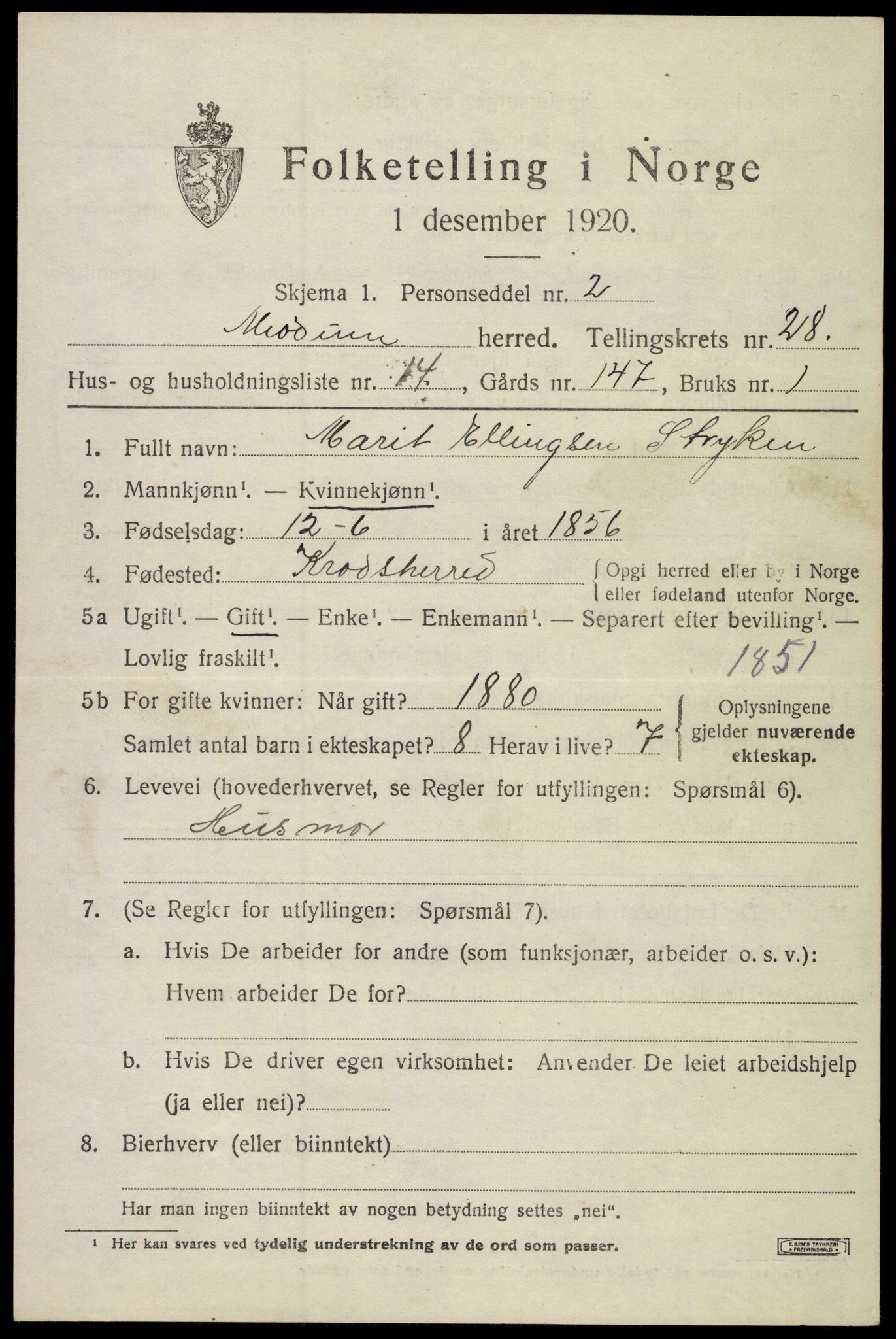 SAKO, 1920 census for Modum, 1920, p. 26333