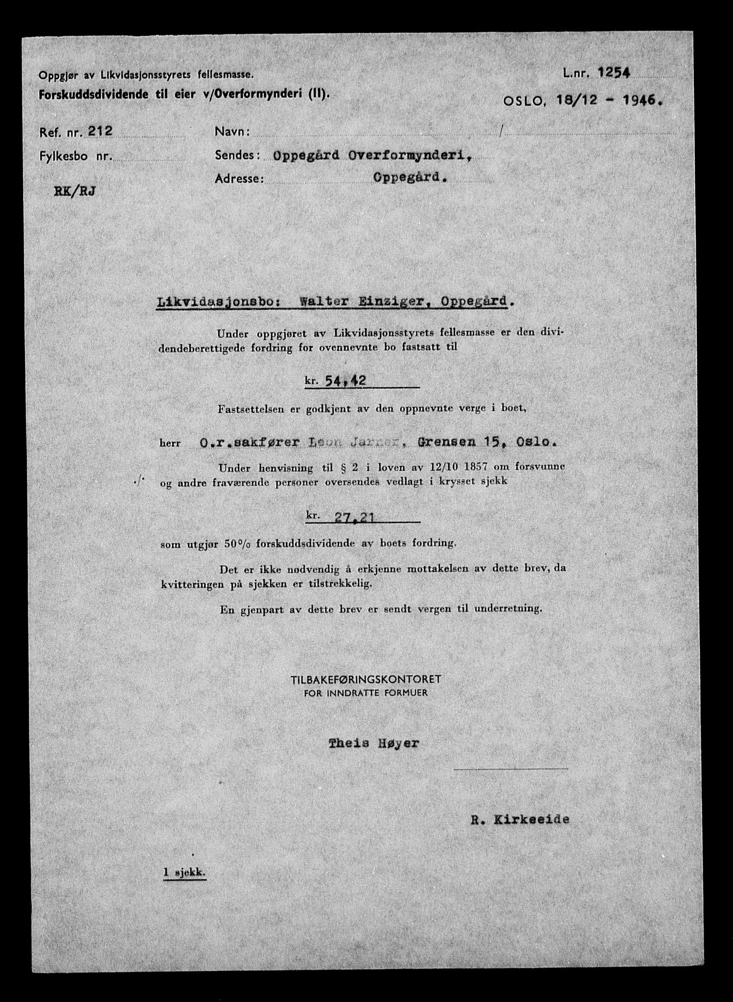 Justisdepartementet, Tilbakeføringskontoret for inndratte formuer, AV/RA-S-1564/H/Hc/Hcc/L0932: --, 1945-1947, p. 440