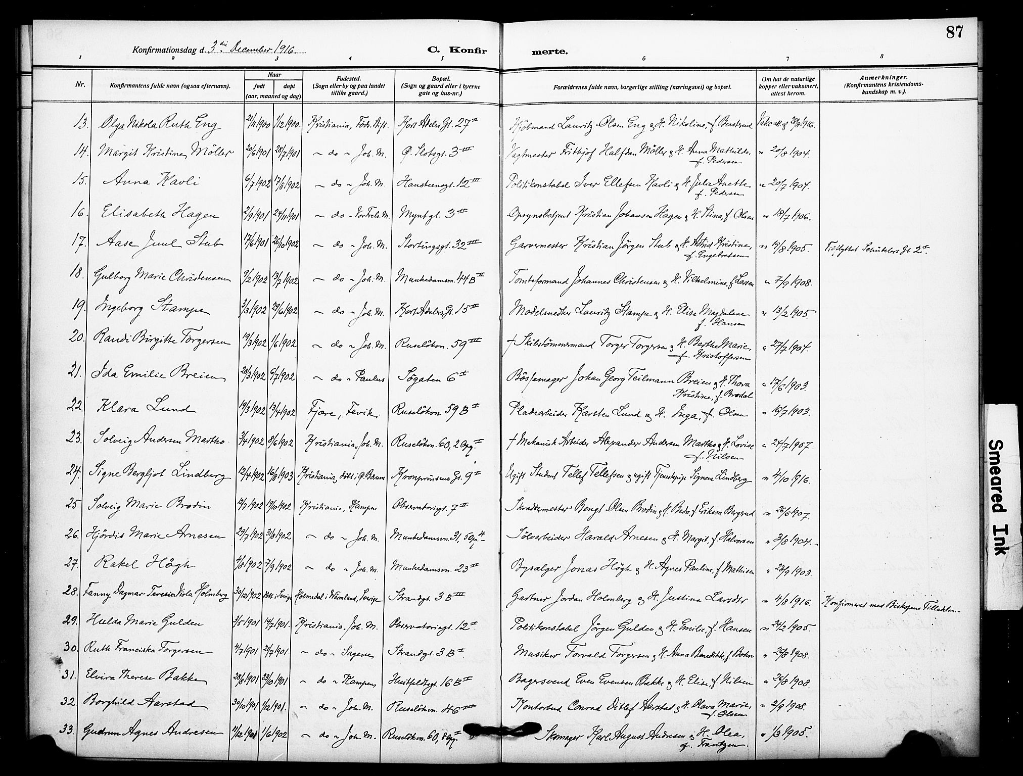 Johannes prestekontor Kirkebøker, SAO/A-10852/F/Fa/L0011: Parish register (official) no. 11, 1908-1921, p. 87