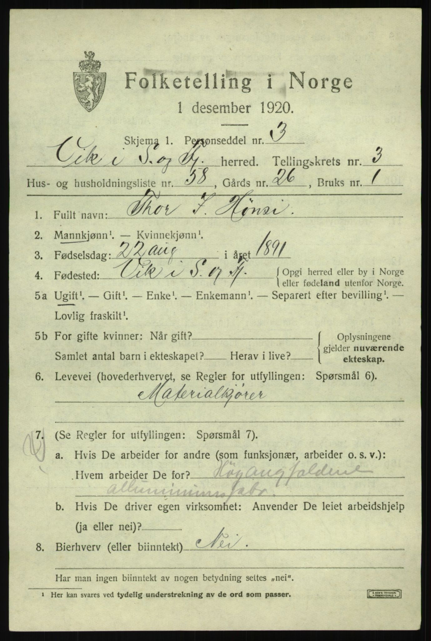 SAB, 1920 census for Vik, 1920, p. 3197