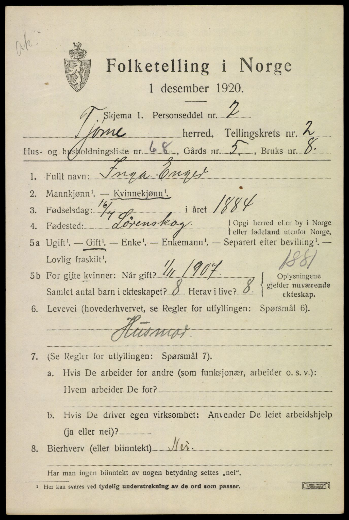 SAKO, 1920 census for Tjøme, 1920, p. 3413