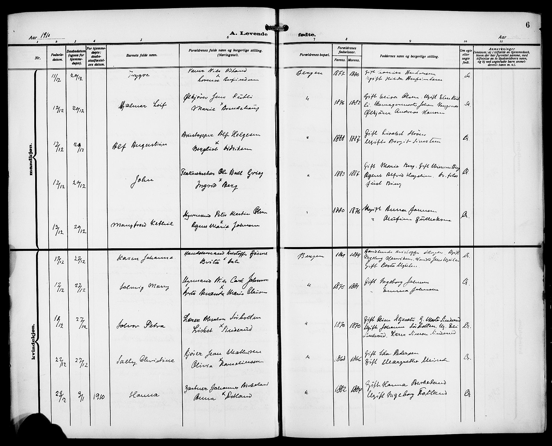 Fødselsstiftelsens sokneprestembete*, SAB/-: Parish register (copy) no. A 2, 1909-1916, p. 6