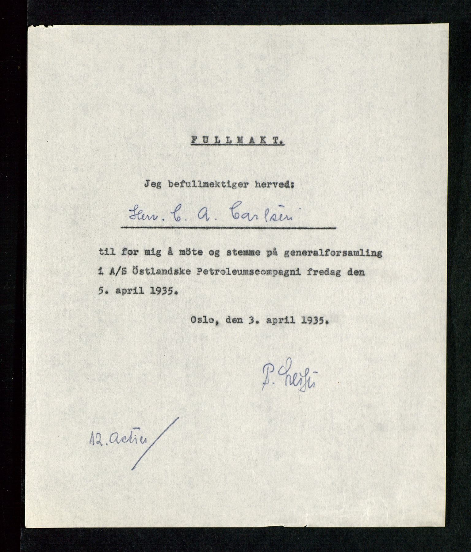 PA 1534 - Østlandske Petroleumscompagni A/S, SAST/A-101954/A/Aa/L0002/0003: Generalforsamlinger. / Generalforsamling, 1935, p. 3