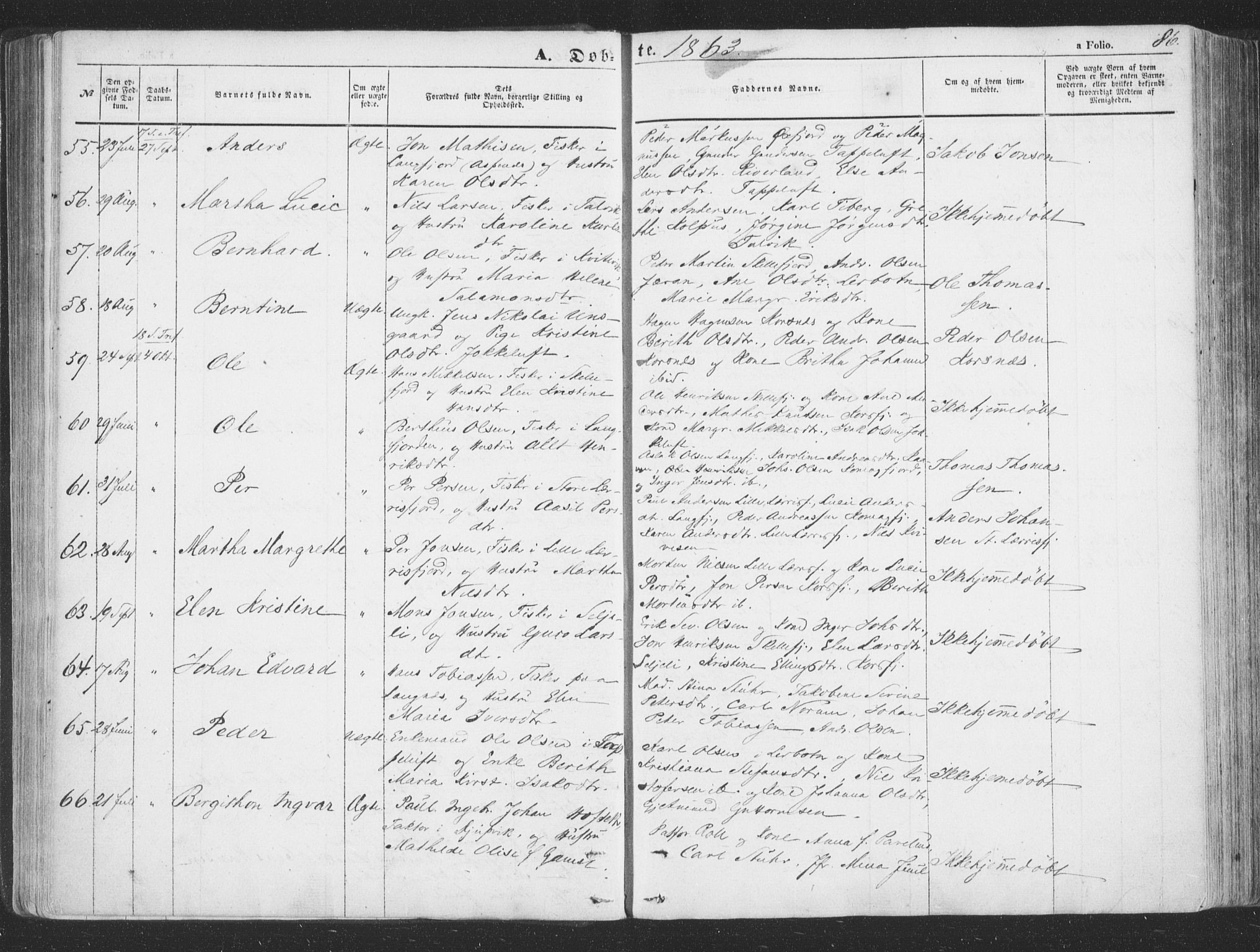 Talvik sokneprestkontor, SATØ/S-1337/H/Ha/L0010kirke: Parish register (official) no. 10, 1852-1864, p. 86