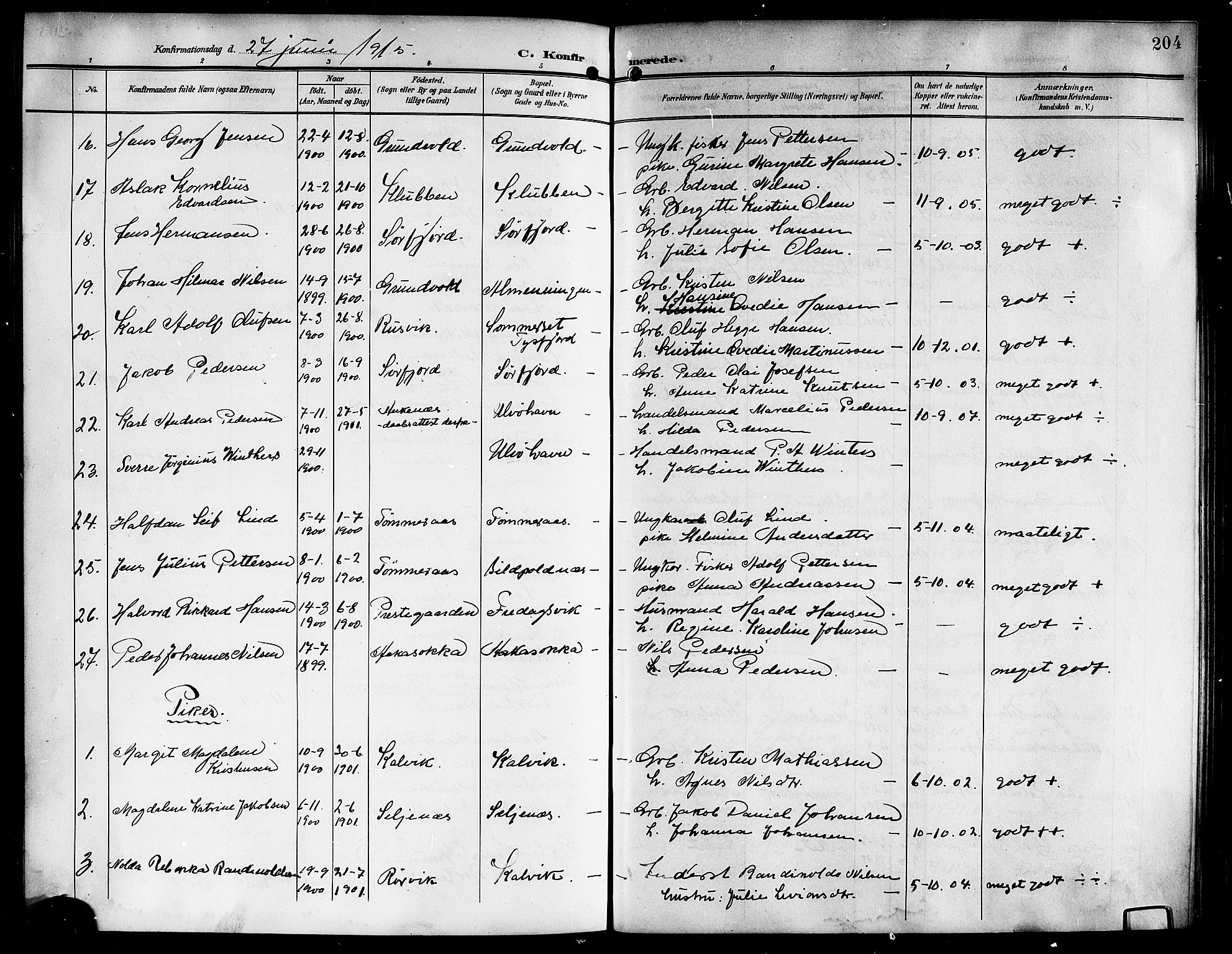 Ministerialprotokoller, klokkerbøker og fødselsregistre - Nordland, AV/SAT-A-1459/861/L0877: Parish register (copy) no. 861C03, 1903-1919, p. 204