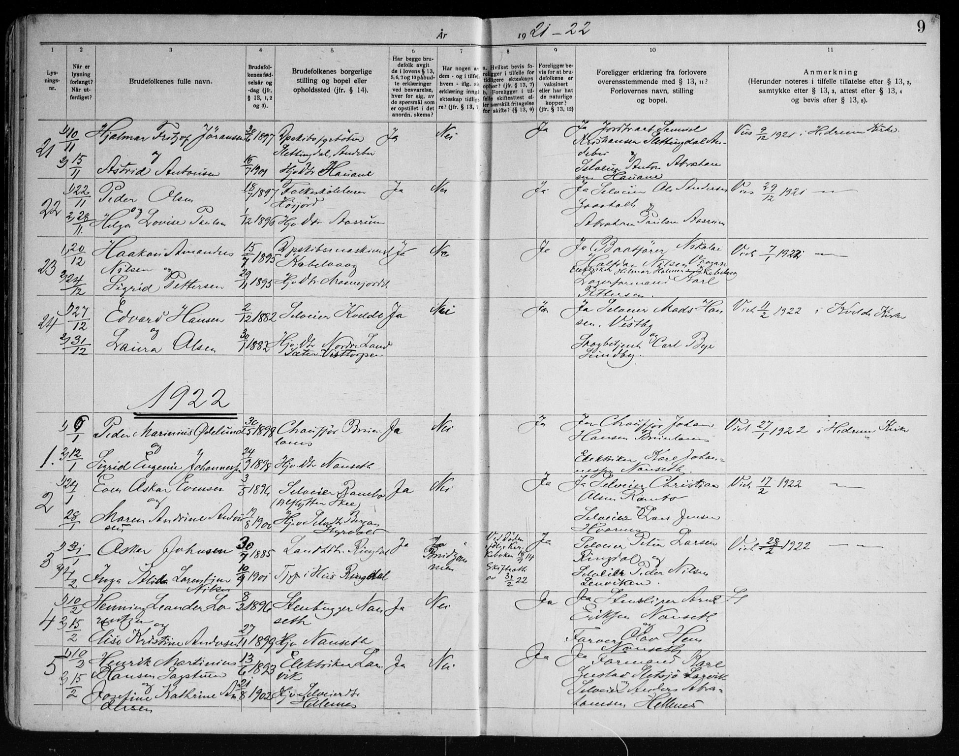 Hedrum kirkebøker, AV/SAKO-A-344/H/Ha/L0001: Banns register no. 1, 1919-1949, p. 9