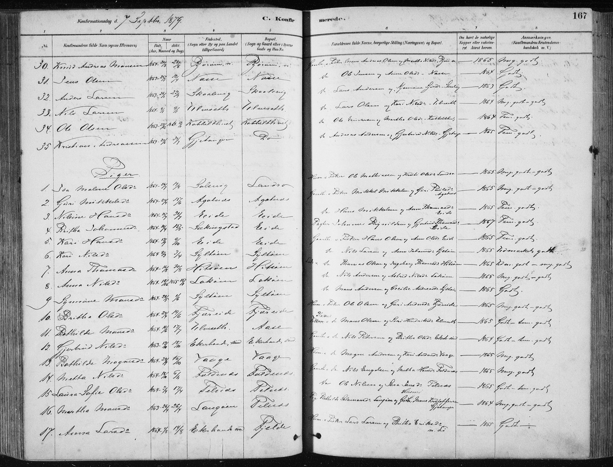 Fjell sokneprestembete, SAB/A-75301/H/Haa: Parish register (official) no. A  8, 1878-1898, p. 167