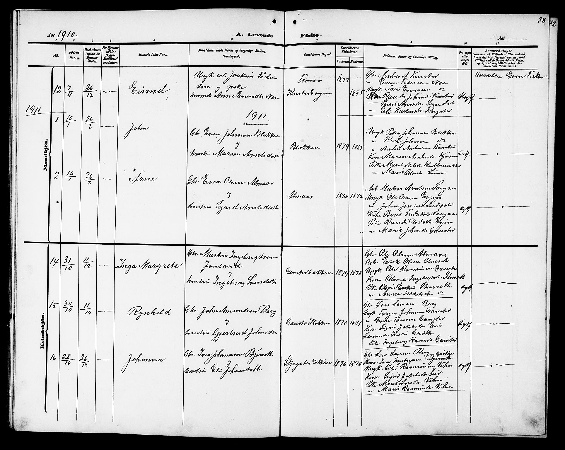 Ministerialprotokoller, klokkerbøker og fødselsregistre - Sør-Trøndelag, SAT/A-1456/694/L1133: Parish register (copy) no. 694C05, 1901-1914, p. 38