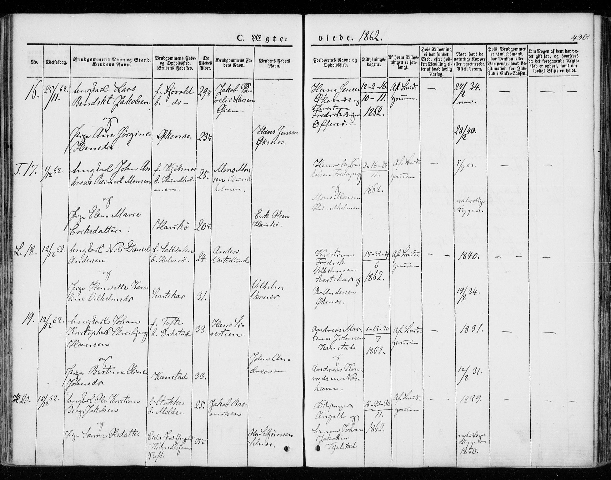 Ministerialprotokoller, klokkerbøker og fødselsregistre - Nordland, SAT/A-1459/872/L1033: Parish register (official) no. 872A08, 1840-1863, p. 430