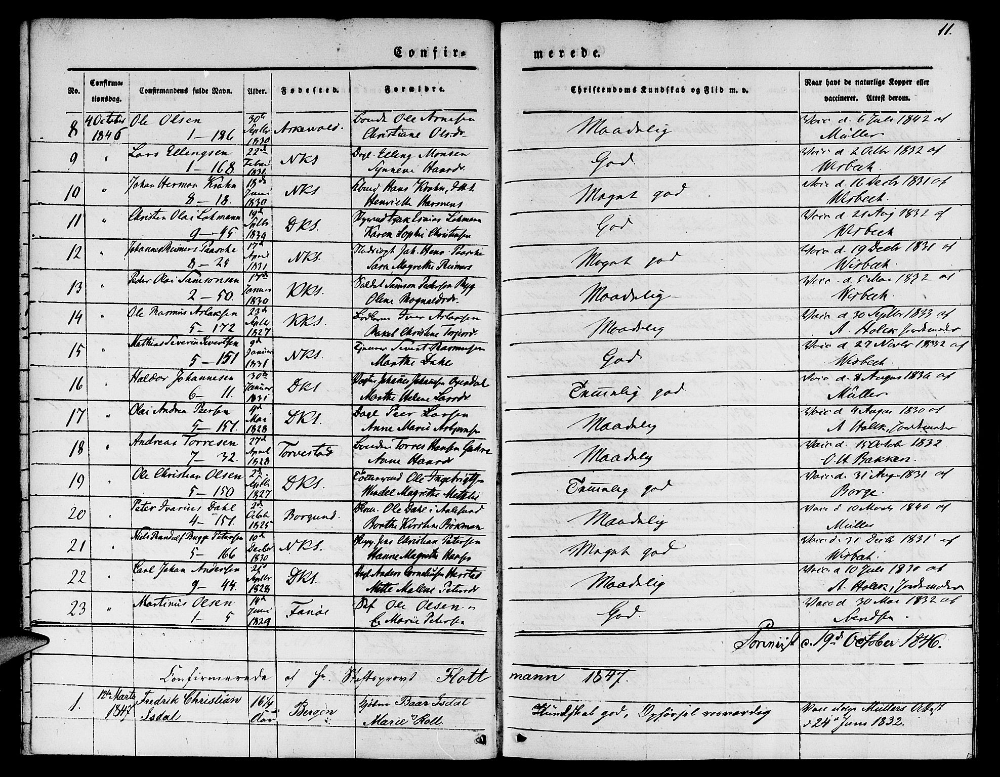 Nykirken Sokneprestembete, SAB/A-77101/H/Hab: Parish register (copy) no. C 1, 1844-1871, p. 11