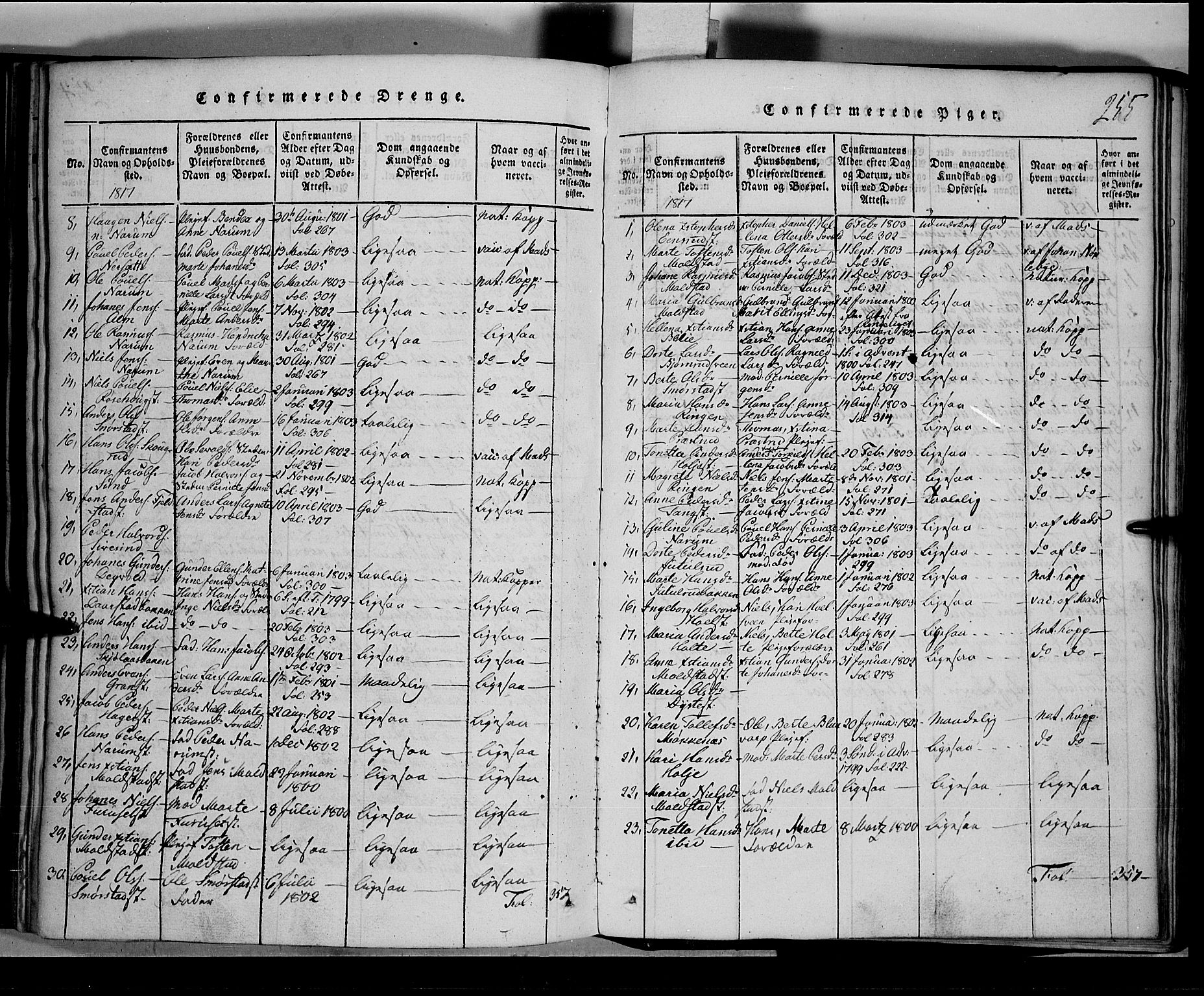 Toten prestekontor, SAH/PREST-102/H/Ha/Hab/L0001: Parish register (copy) no. 1, 1814-1820, p. 255
