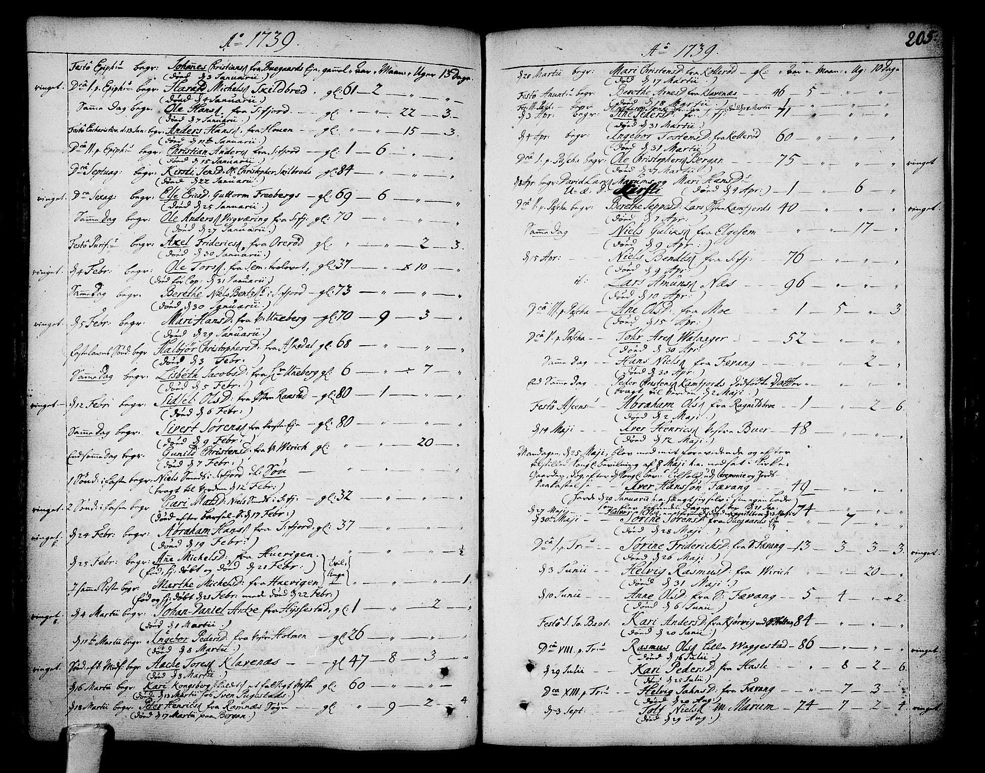 Sandar kirkebøker, SAKO/A-243/F/Fa/L0002: Parish register (official) no. 2, 1733-1788, p. 205