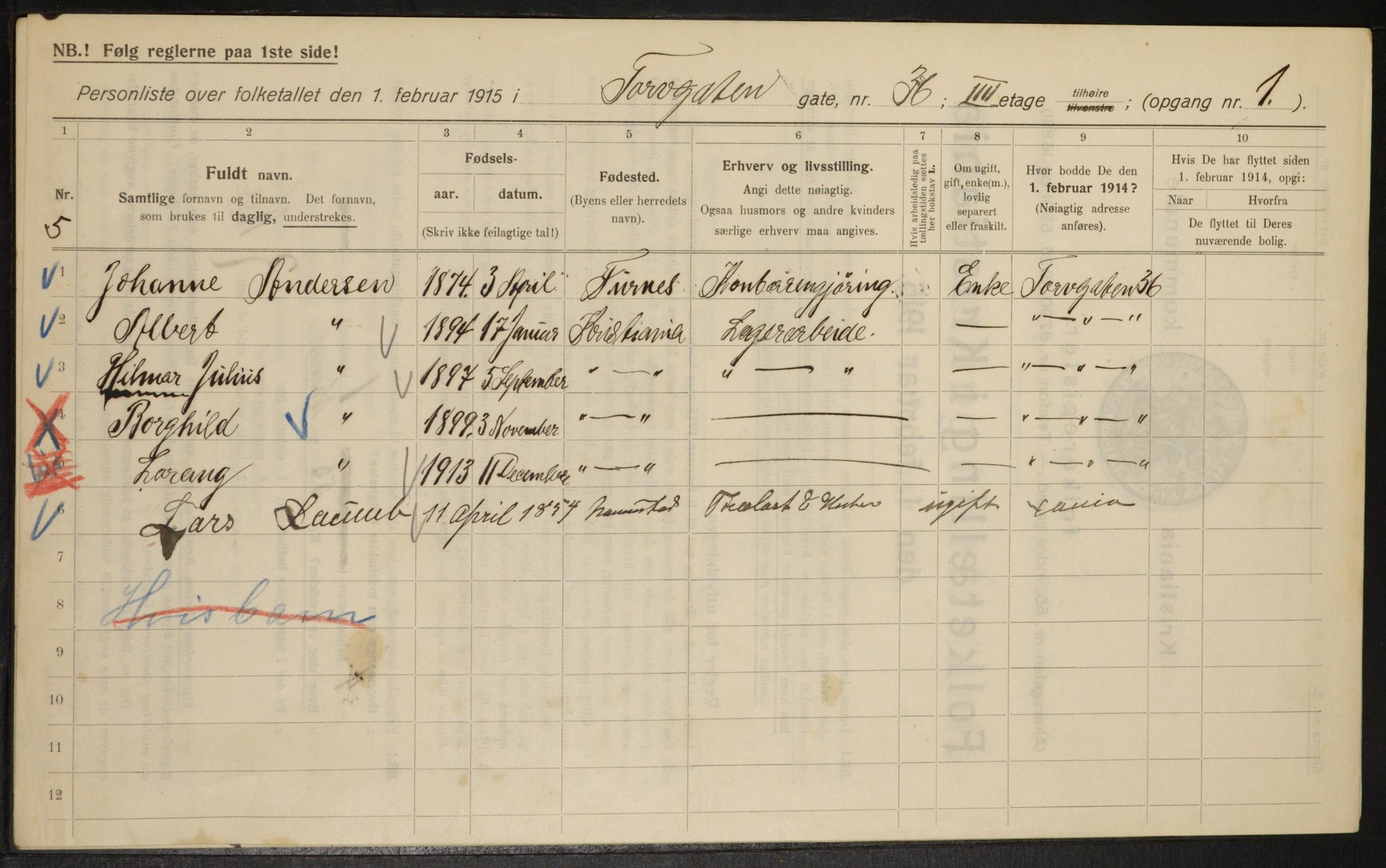 OBA, Municipal Census 1915 for Kristiania, 1915, p. 114610