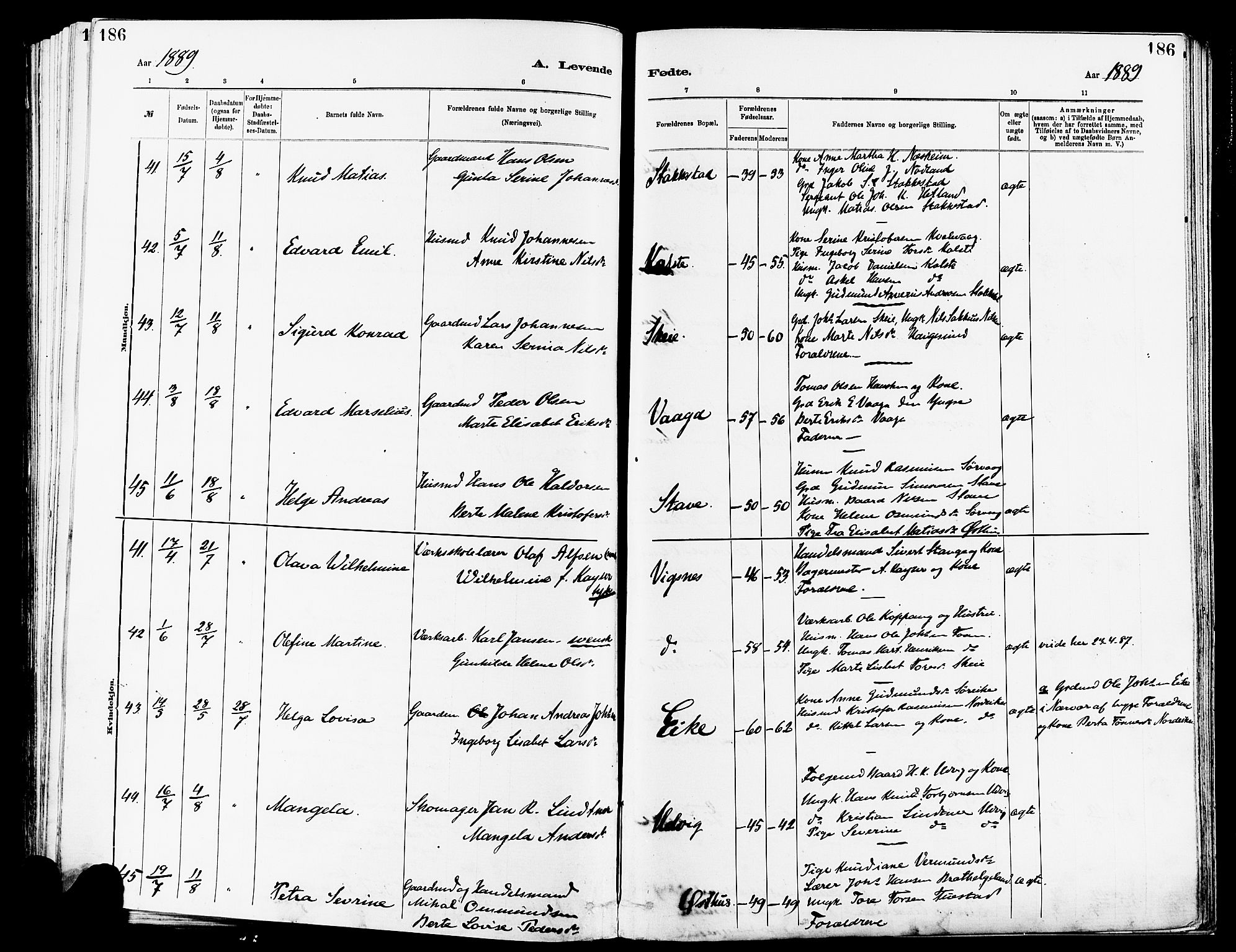 Avaldsnes sokneprestkontor, SAST/A -101851/H/Ha/Haa/L0014: Parish register (official) no. A 14, 1880-1889, p. 186