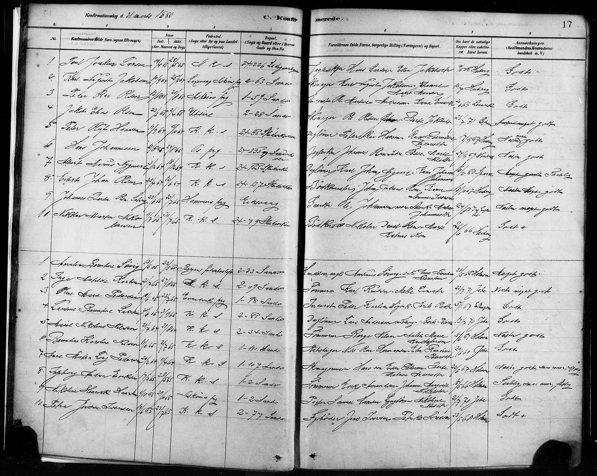 Sandviken Sokneprestembete, AV/SAB-A-77601/H/Ha/L0002: Parish register (official) no. A 2, 1878-1896, p. 17