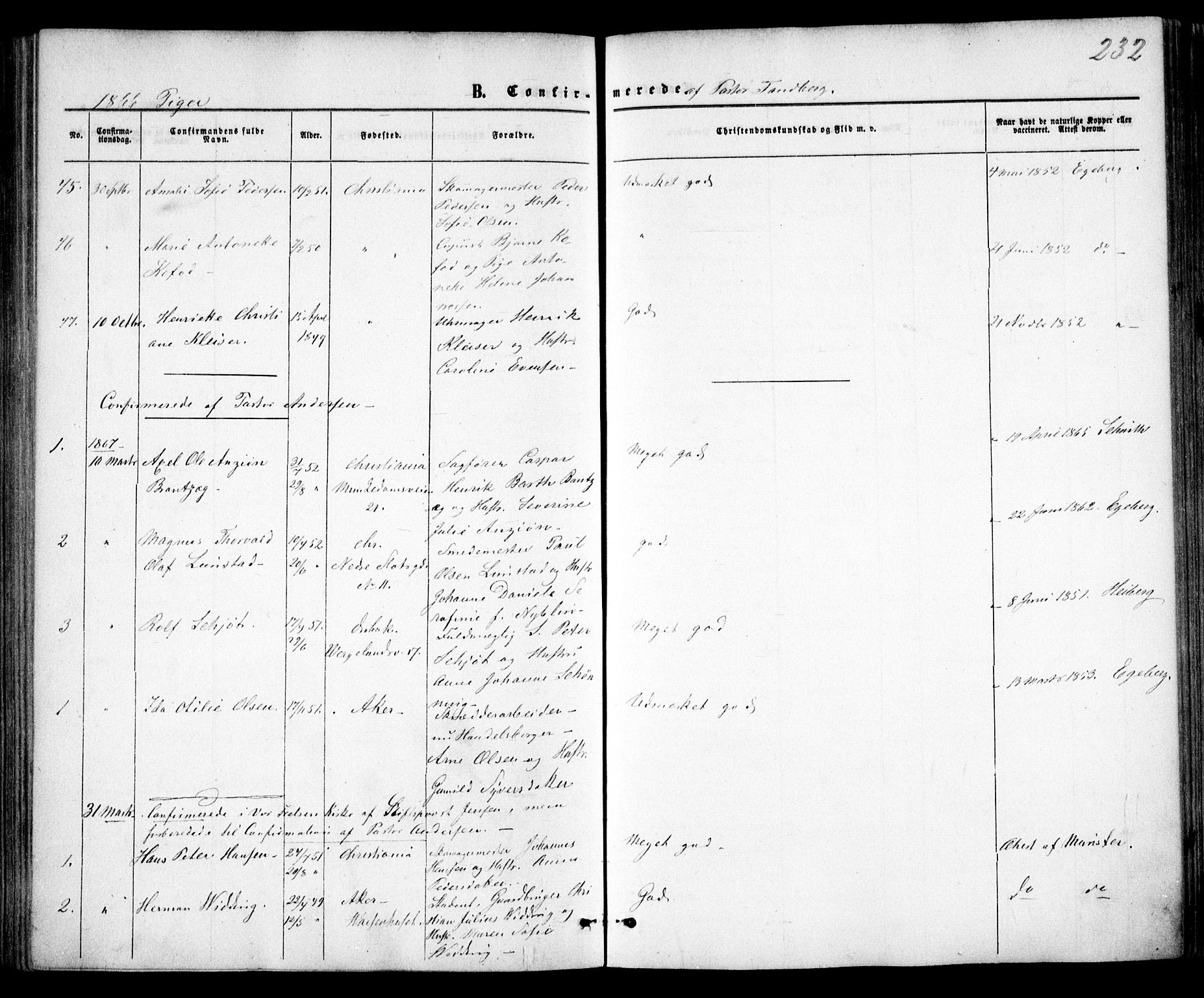 Trefoldighet prestekontor Kirkebøker, AV/SAO-A-10882/F/Fb/L0001: Parish register (official) no. II 1, 1858-1871, p. 232