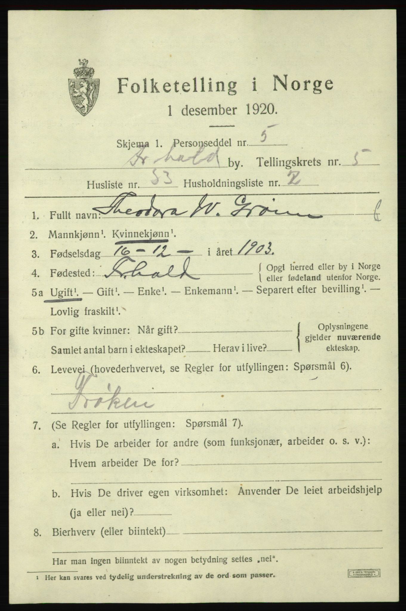 SAO, 1920 census for Fredrikshald, 1920, p. 12791